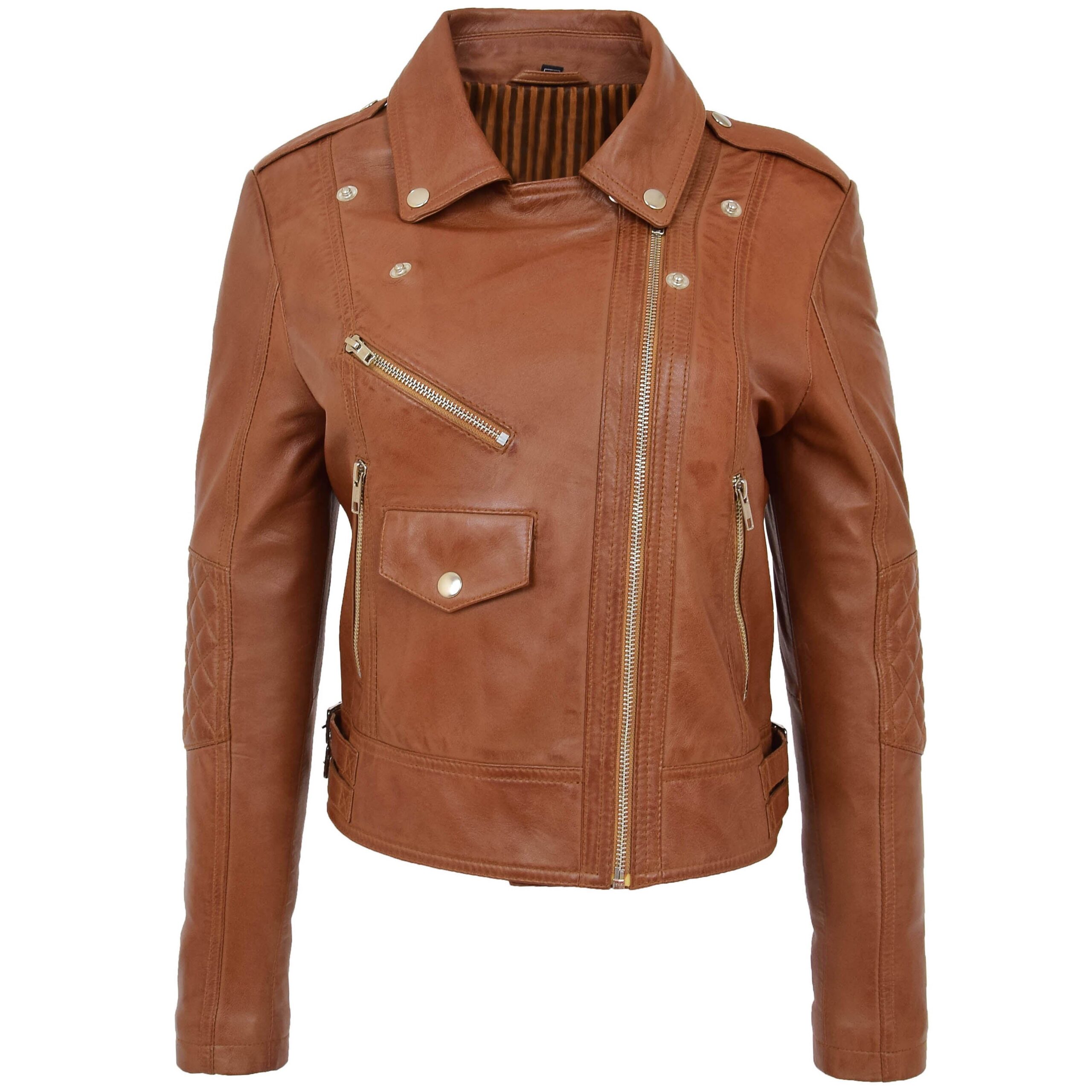 BUNERI Chaqueta Biker de Cuero Tan para Mujer Cremallera Cruzada - Imagen 3