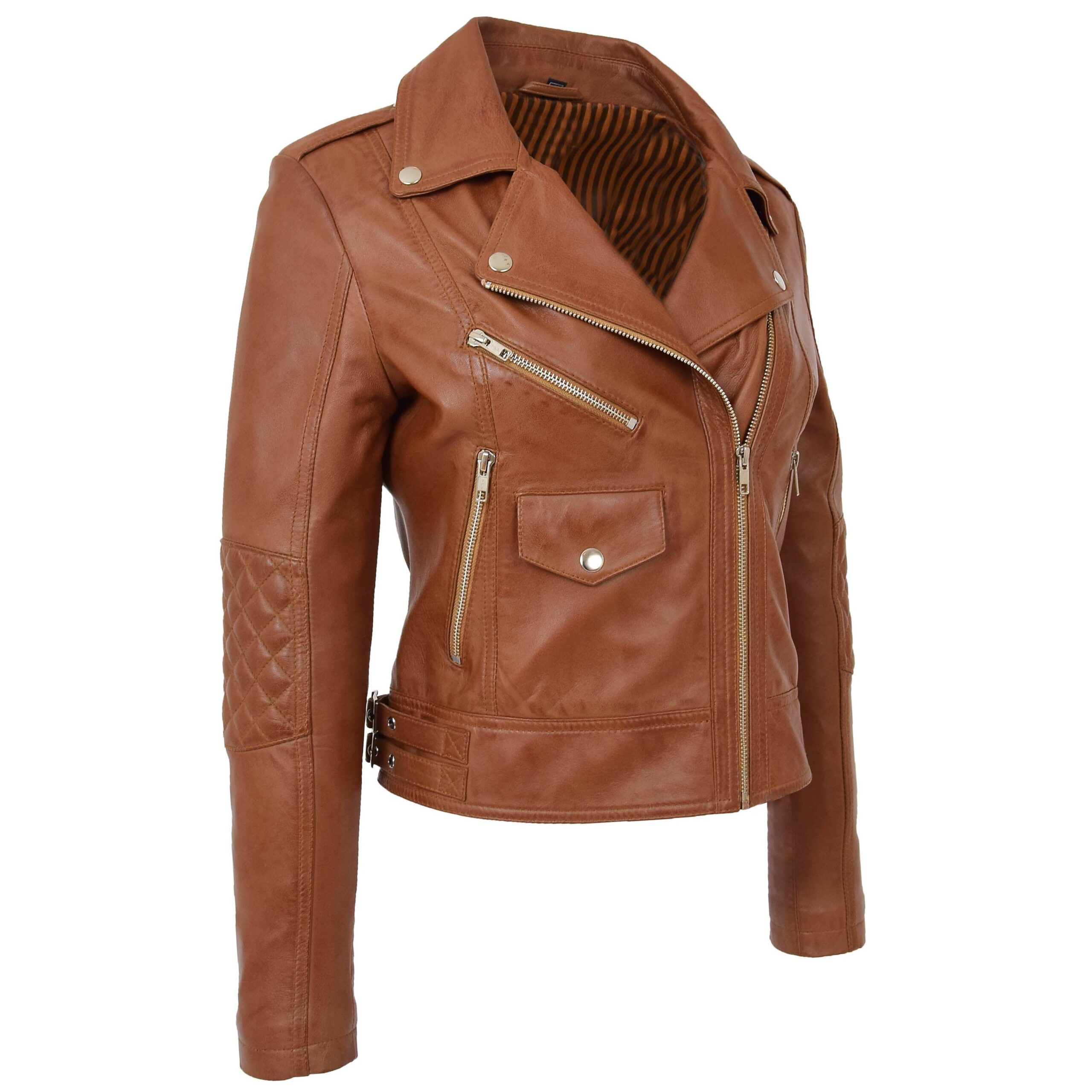 BUNERI Chaqueta Biker de Cuero Tan para Mujer Cremallera Cruzada - Imagen 4