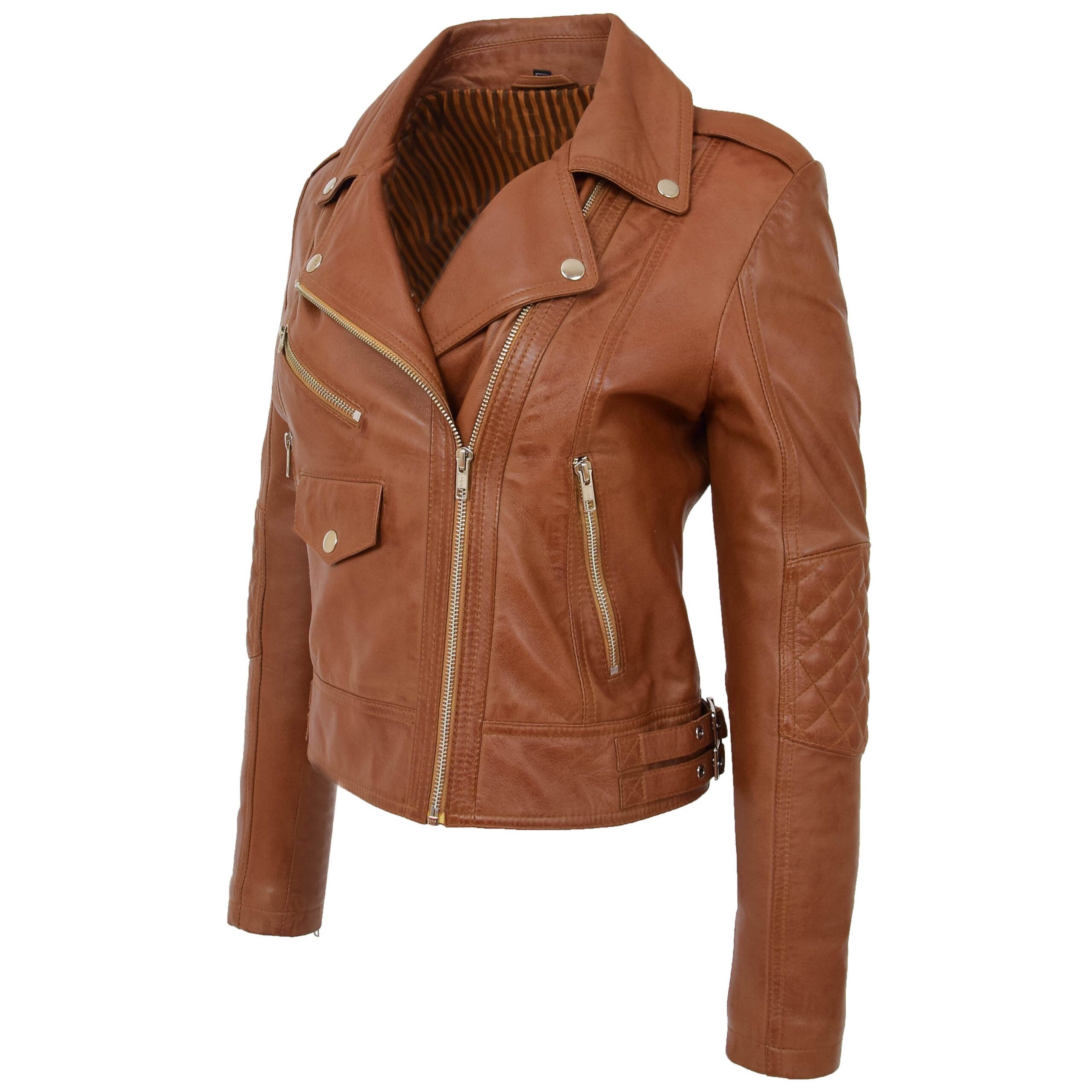BUNERI Chaqueta Biker de Cuero Tan para Mujer Cremallera Cruzada - Imagen 5