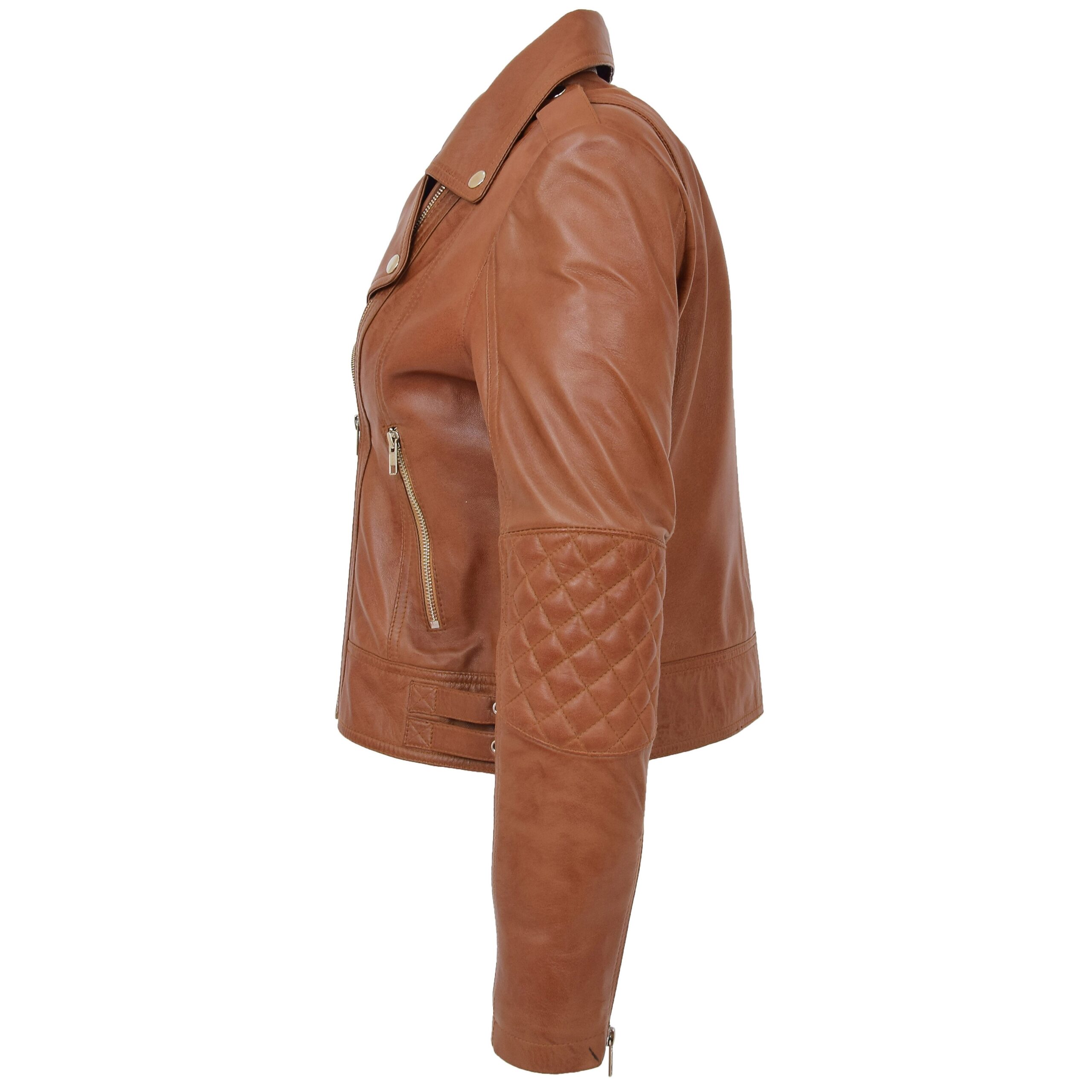 BUNERI Chaqueta Biker de Cuero Tan para Mujer Cremallera Cruzada - Imagen 6