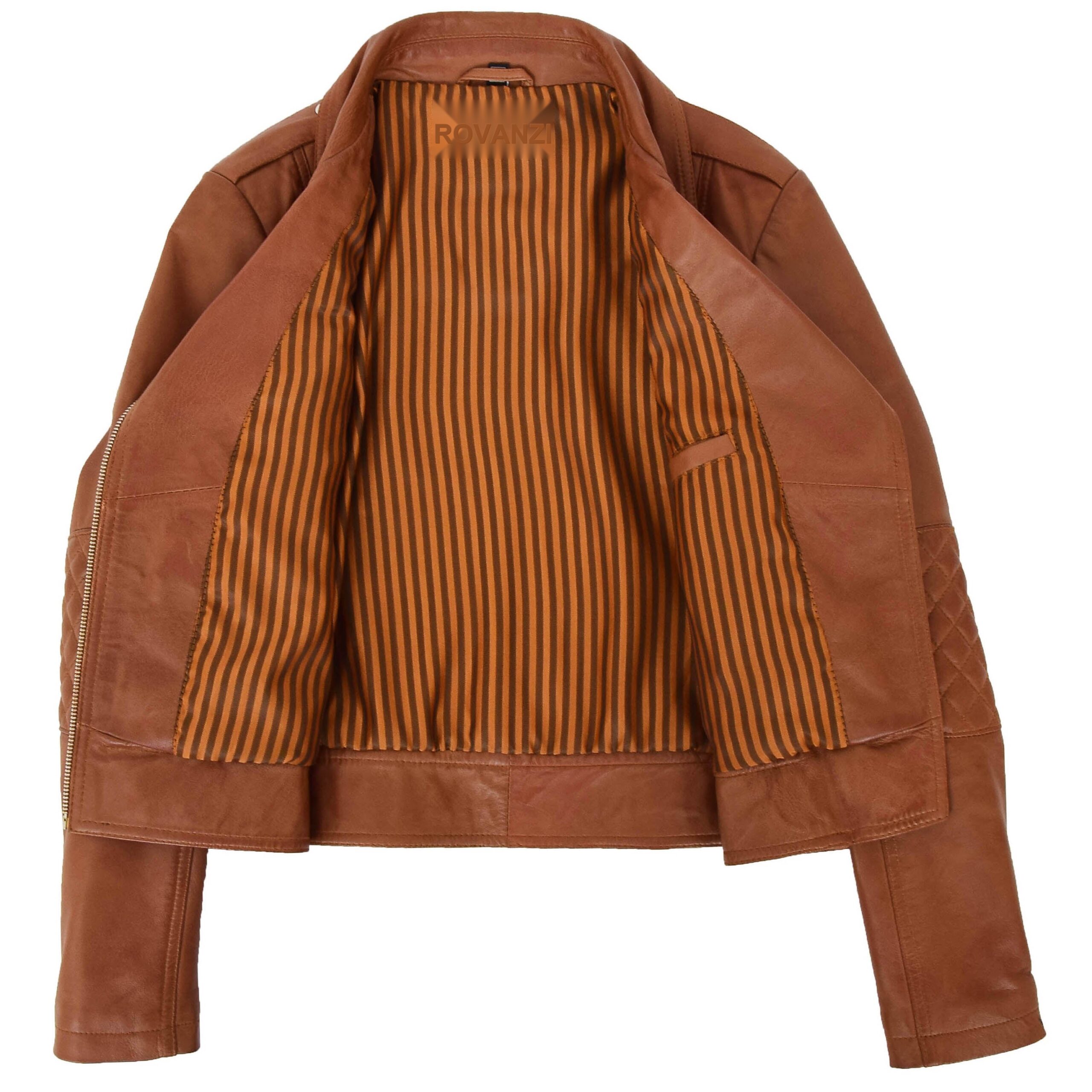 BUNERI Chaqueta Biker de Cuero Tan para Mujer Cremallera Cruzada - Imagen 7