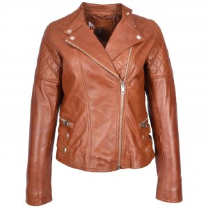 BUNERI Chaqueta Mujer Cuero Real Biker Estilo Cross-Zip Clasico Castano