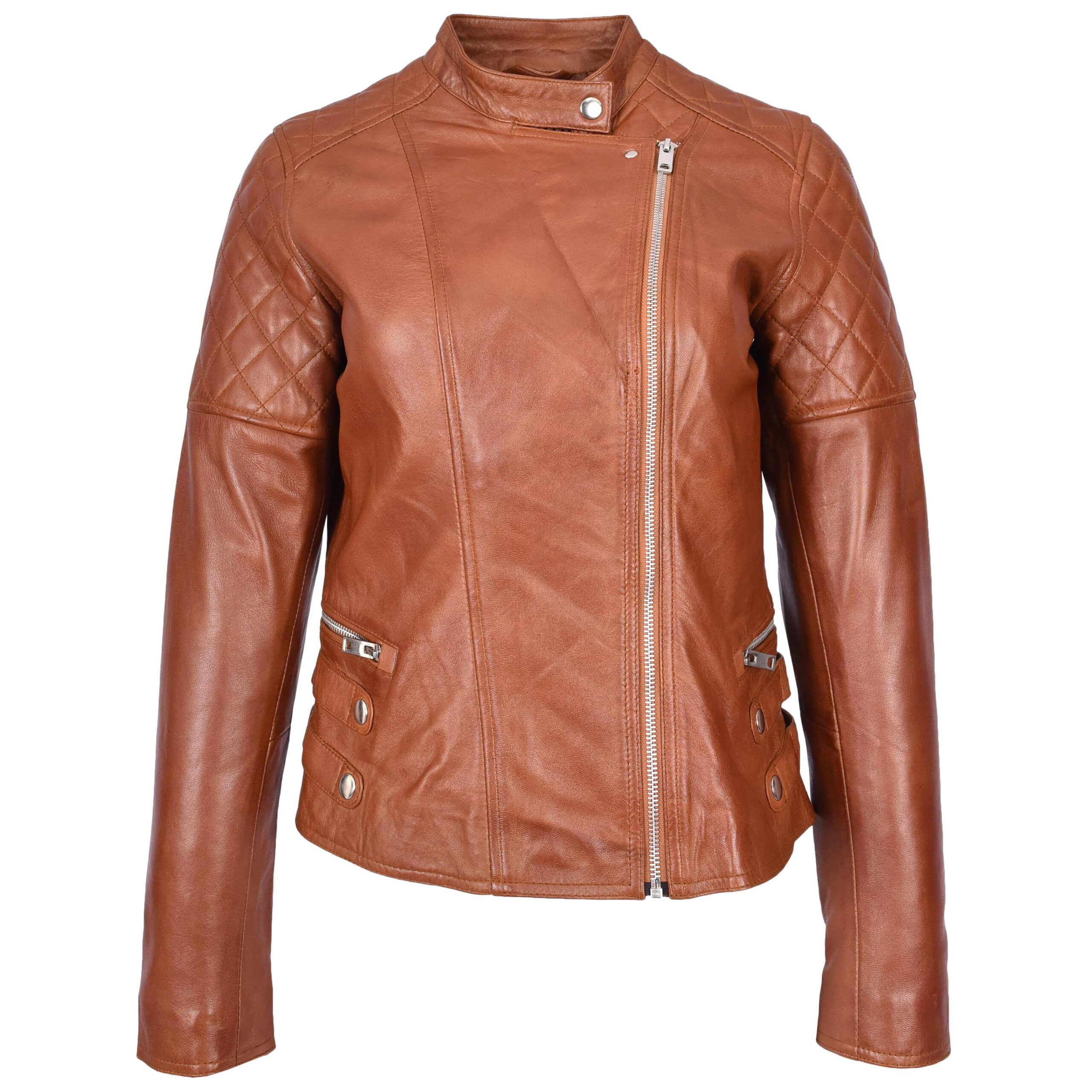 BUNERI Chaqueta Mujer Cuero Real Biker Estilo Cross-Zip Clasico Castano - Imagen 3