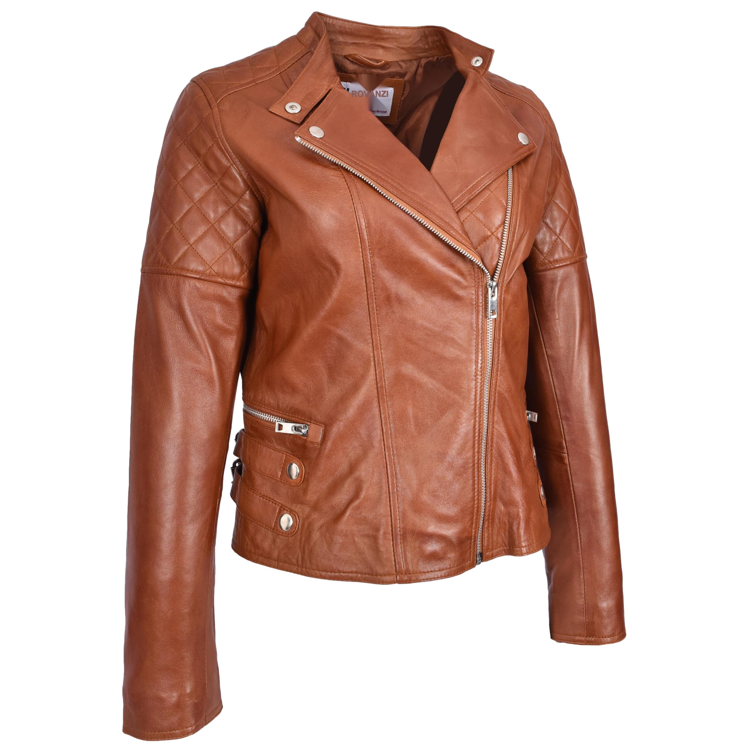 BUNERI Chaqueta Mujer Cuero Real Biker Estilo Cross-Zip Clasico Castano - Imagen 4