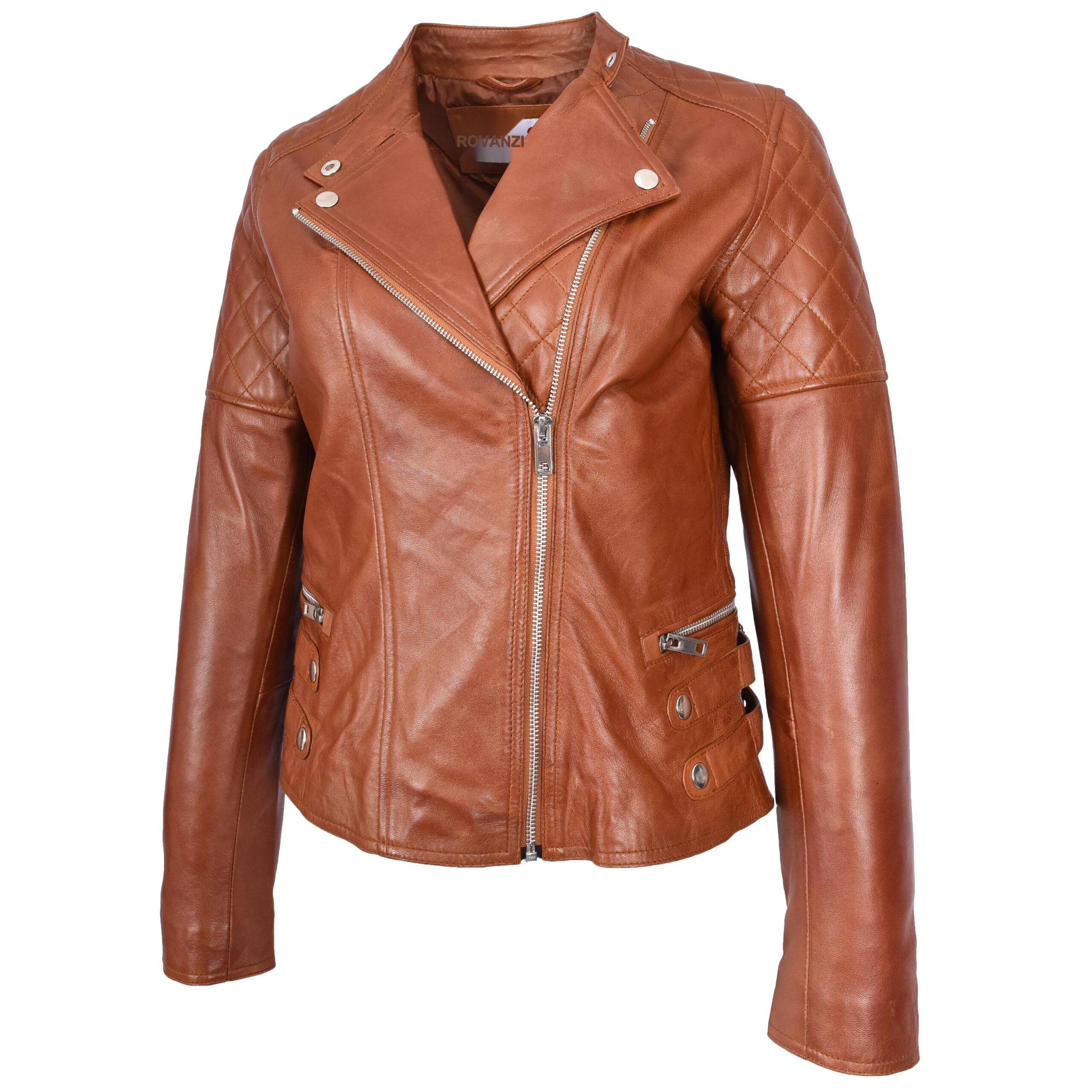 BUNERI Chaqueta Mujer Cuero Real Biker Estilo Cross-Zip Clasico Castano - Imagen 5