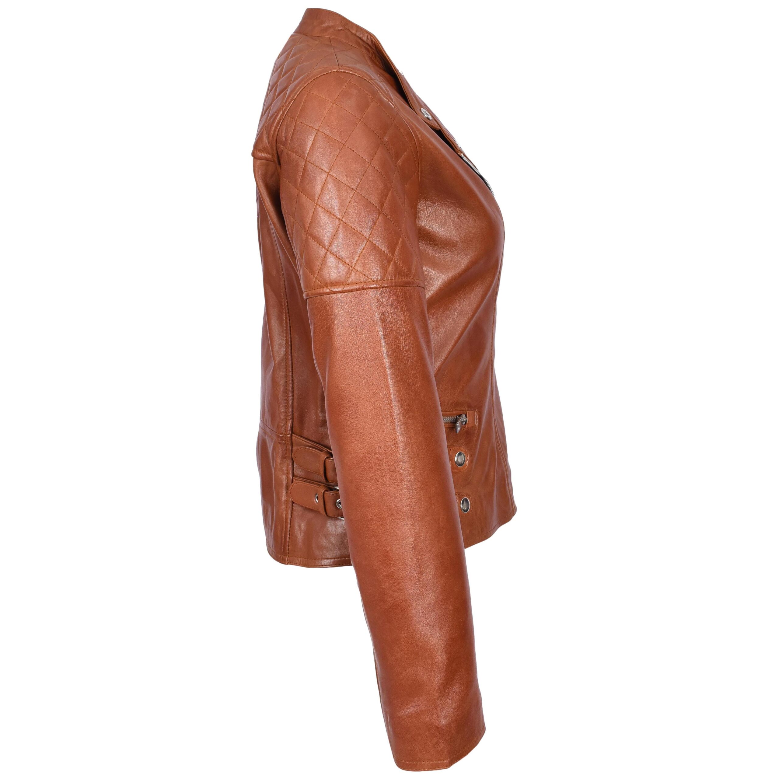 BUNERI Chaqueta Mujer Cuero Real Biker Estilo Cross-Zip Clasico Castano - Imagen 6