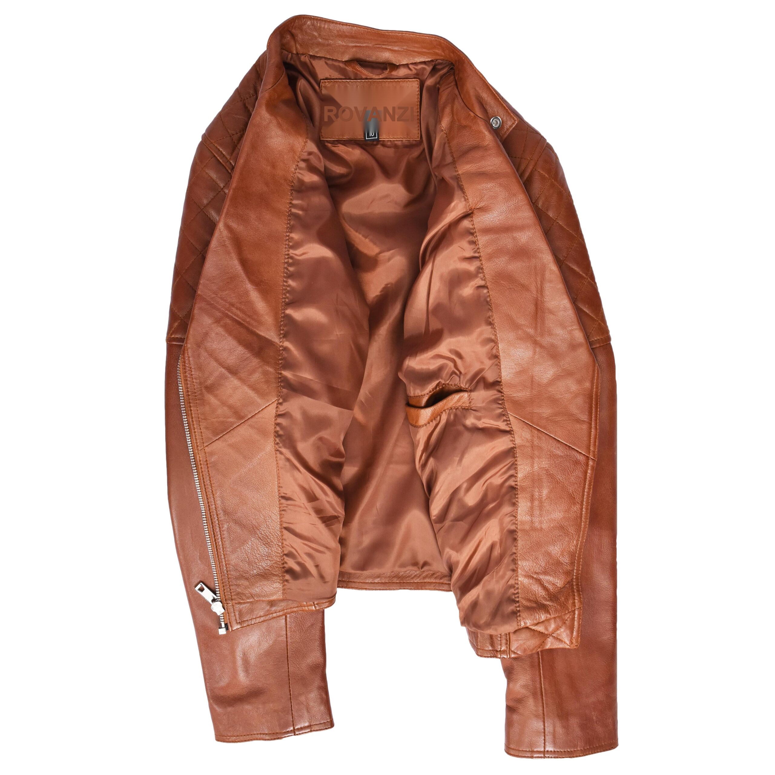 BUNERI Chaqueta Mujer Cuero Real Biker Estilo Cross-Zip Clasico Castano - Imagen 7