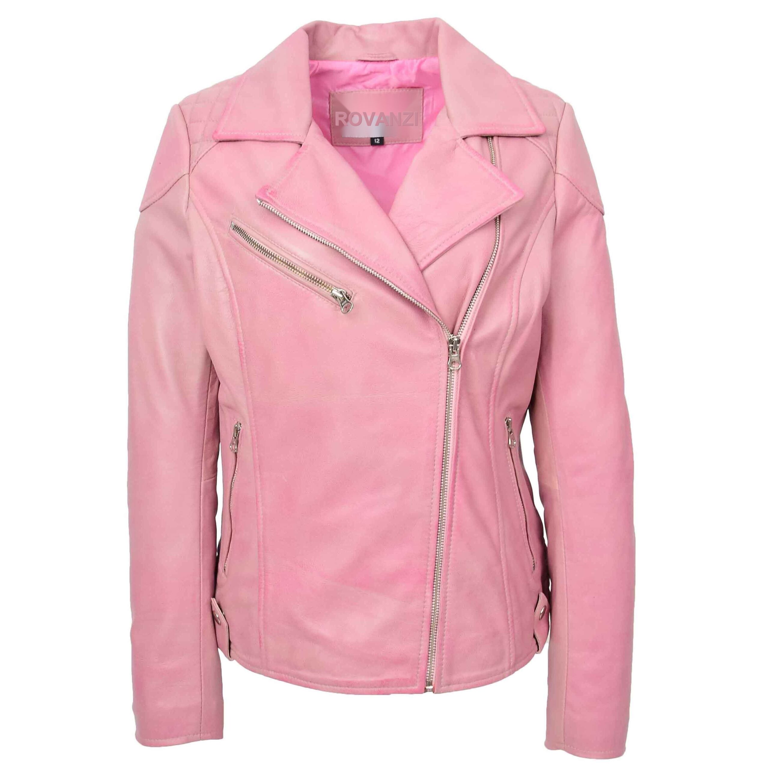 BUNERI Cereza Chaqueta Biker Mujer Cuero Real Cremallera Cruzada Bolsillos