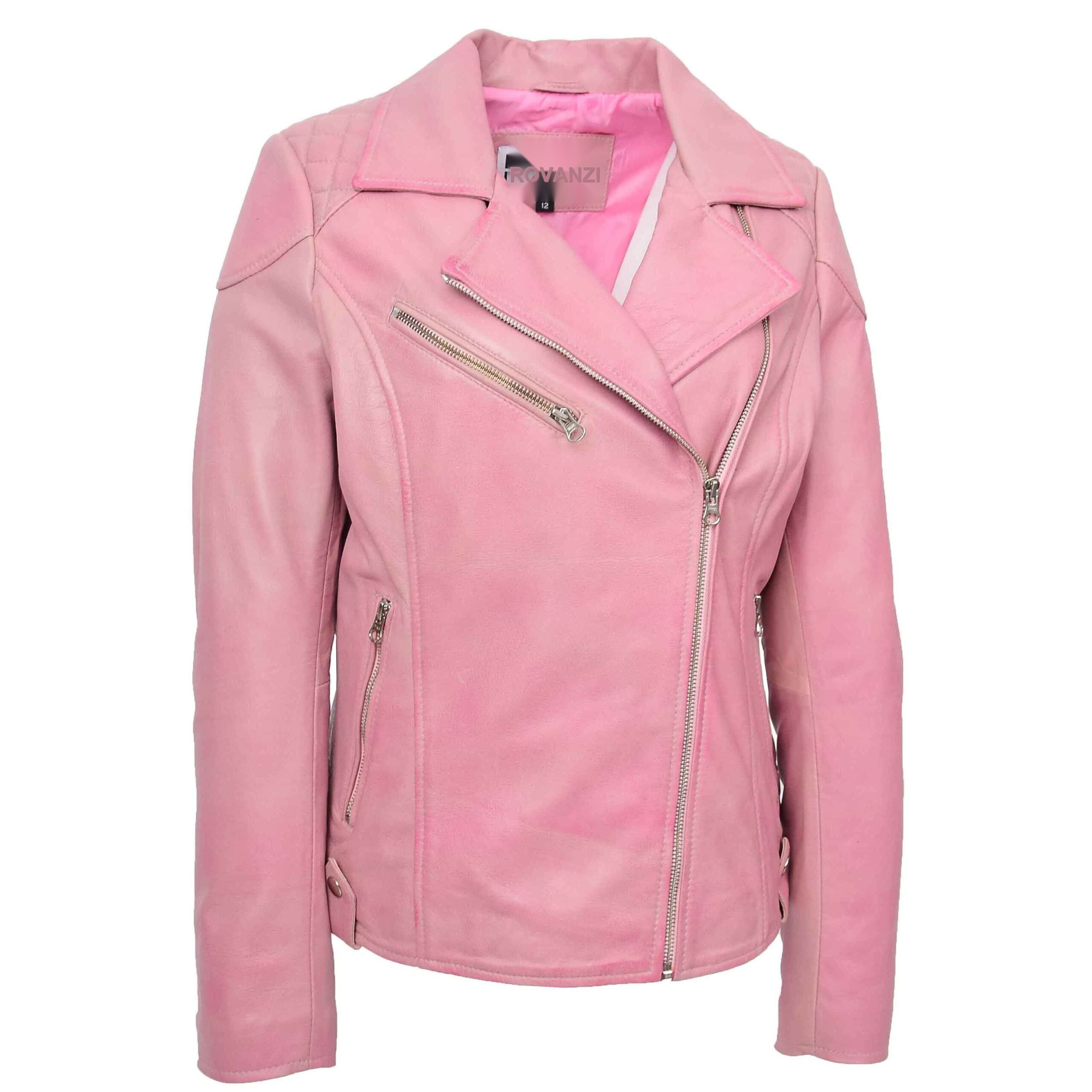 BUNERI Cereza Chaqueta Biker Mujer Cuero Real Cremallera Cruzada Bolsillos - Imagen 3