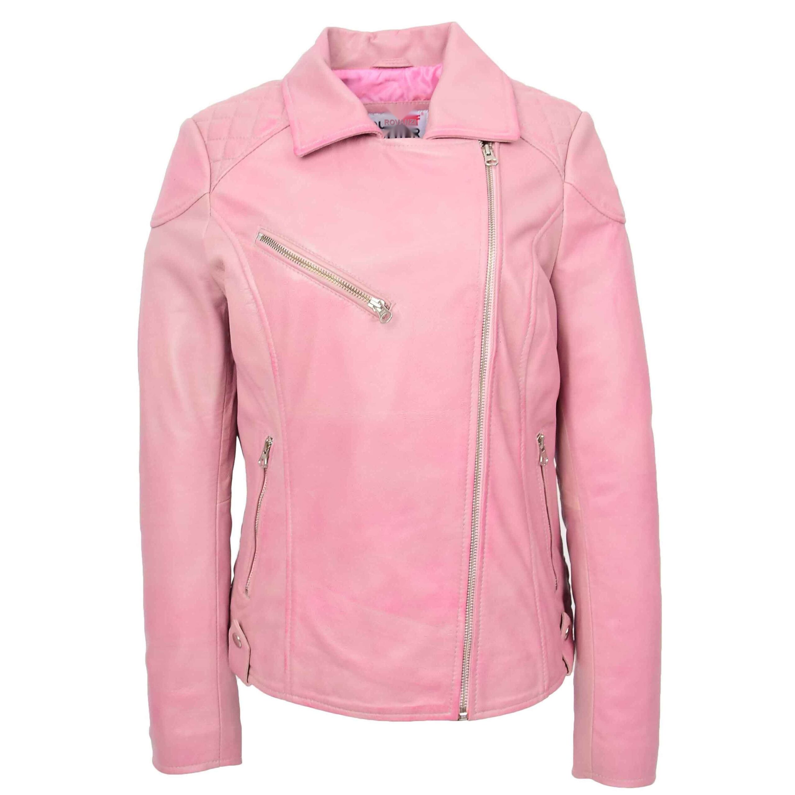 BUNERI Cereza Chaqueta Biker Mujer Cuero Real Cremallera Cruzada Bolsillos - Imagen 4