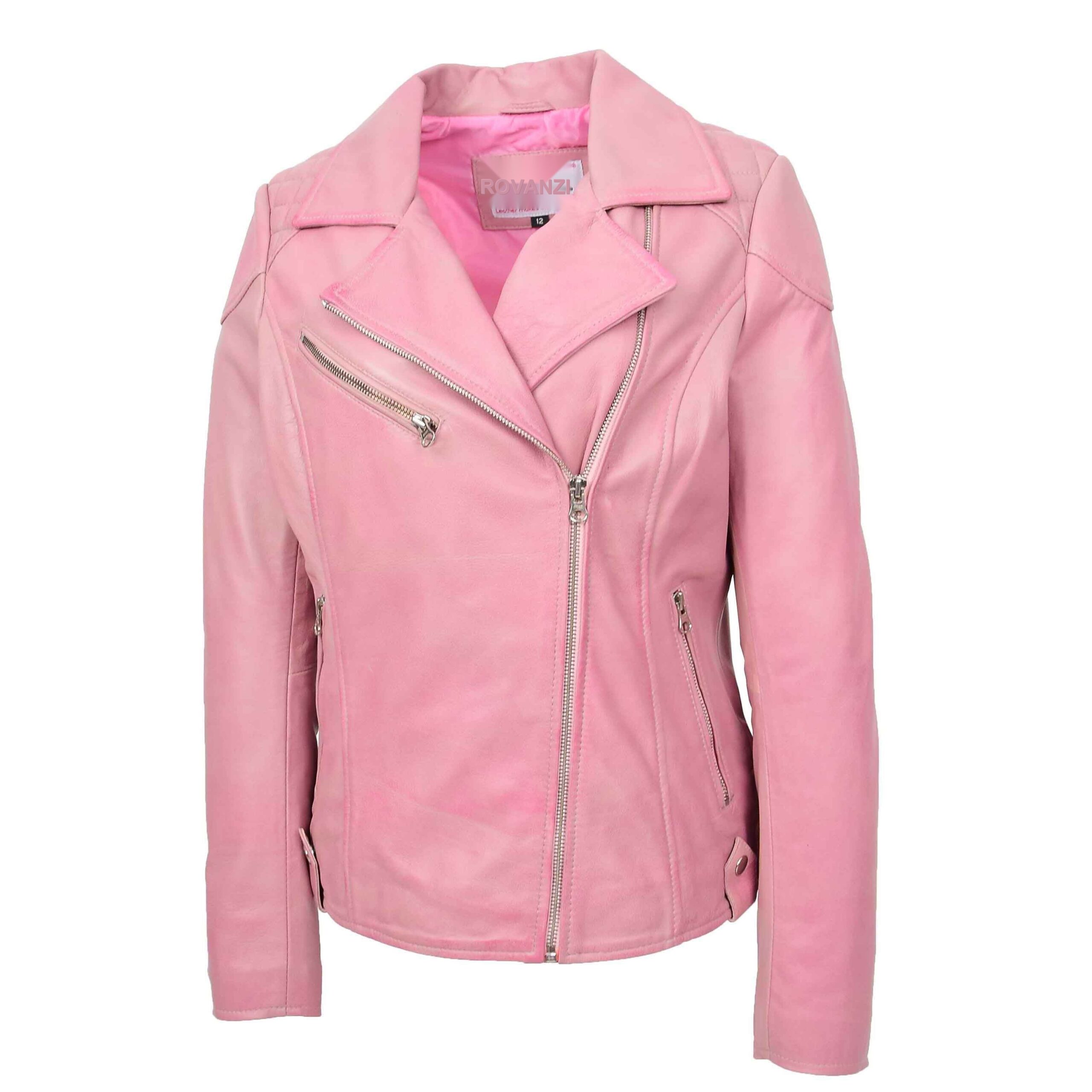 BUNERI Cereza Chaqueta Biker Mujer Cuero Real Cremallera Cruzada Bolsillos - Imagen 6