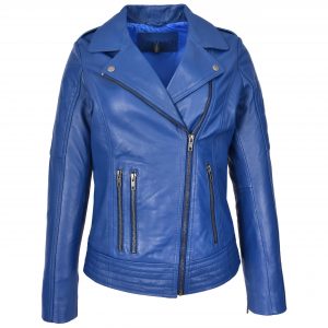 BUNERI Chaqueta Biker de Cuero Real para Mujer Estilo Cross Zip Azul