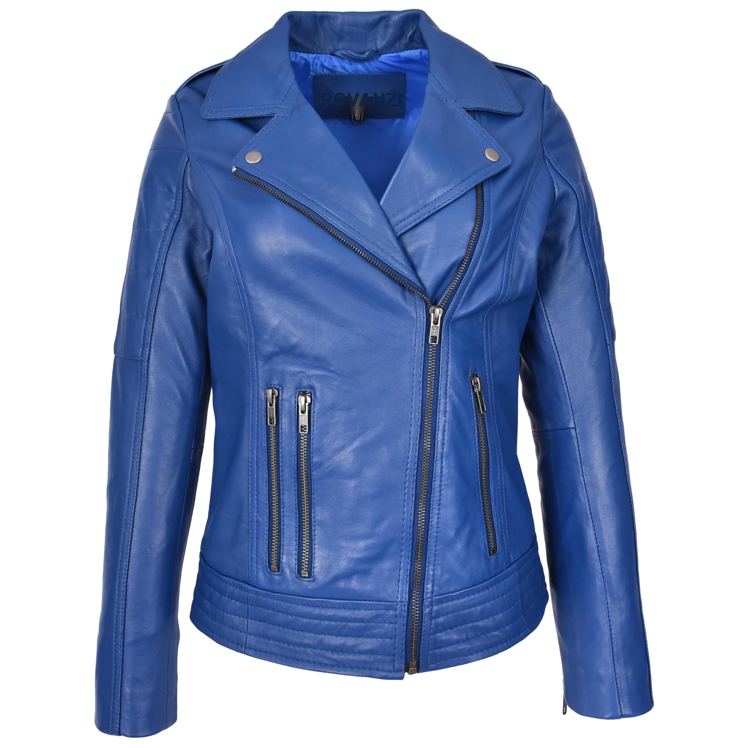 BUNERI Chaqueta Biker de Cuero Real para Mujer Estilo Cross Zip Azul