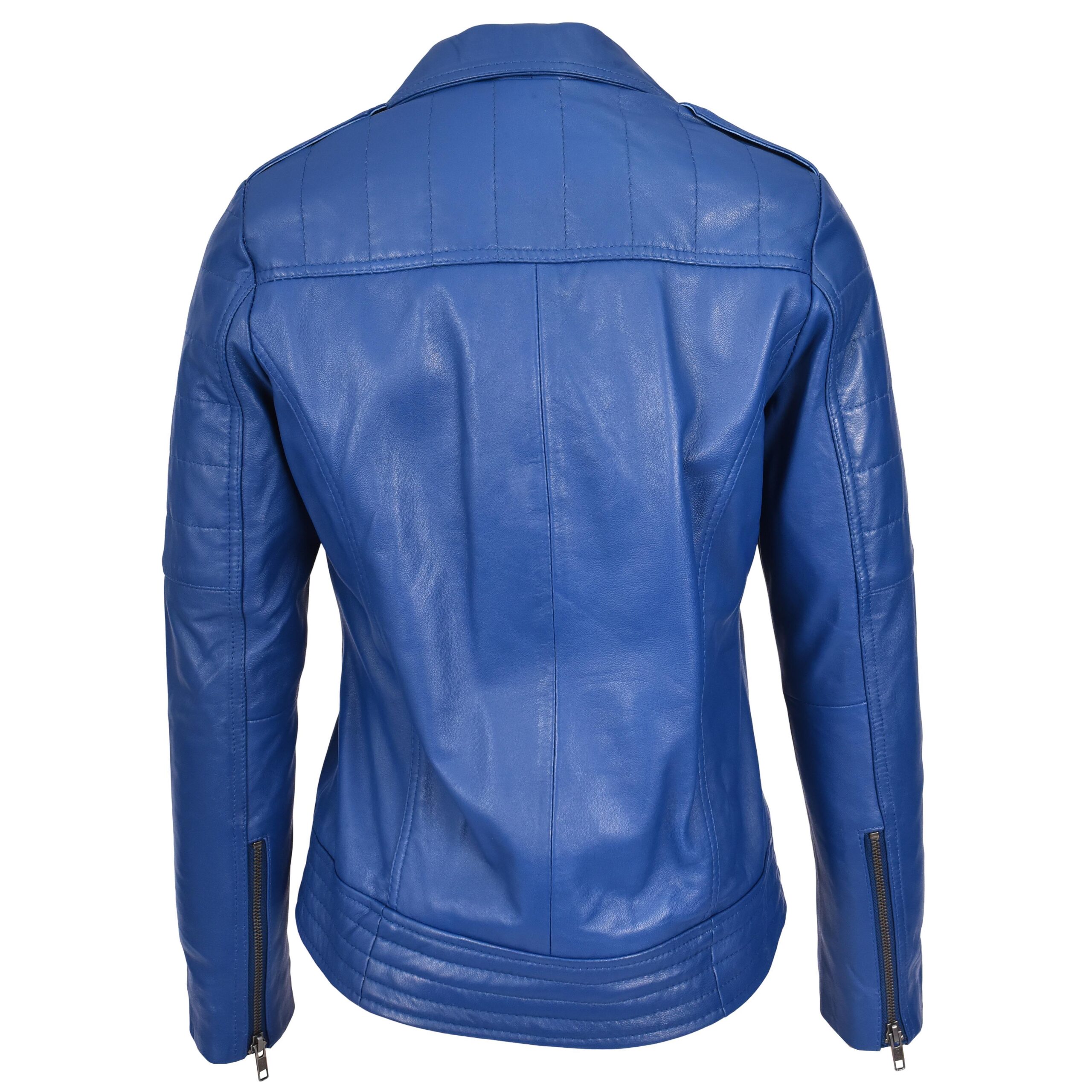 BUNERI Chaqueta Biker de Cuero Real para Mujer Estilo Cross Zip Azul - Imagen 2
