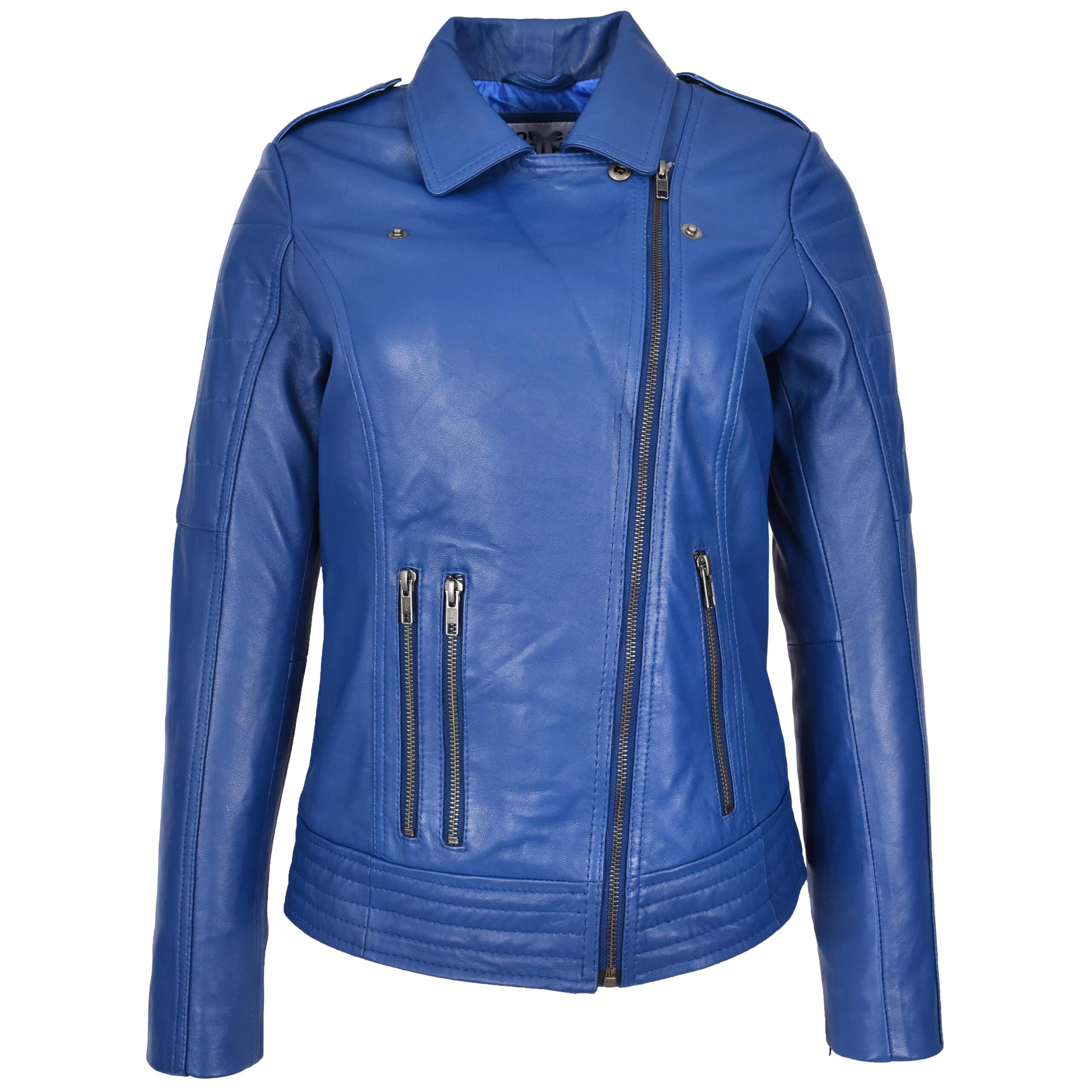 BUNERI Chaqueta Biker de Cuero Real para Mujer Estilo Cross Zip Azul - Imagen 3