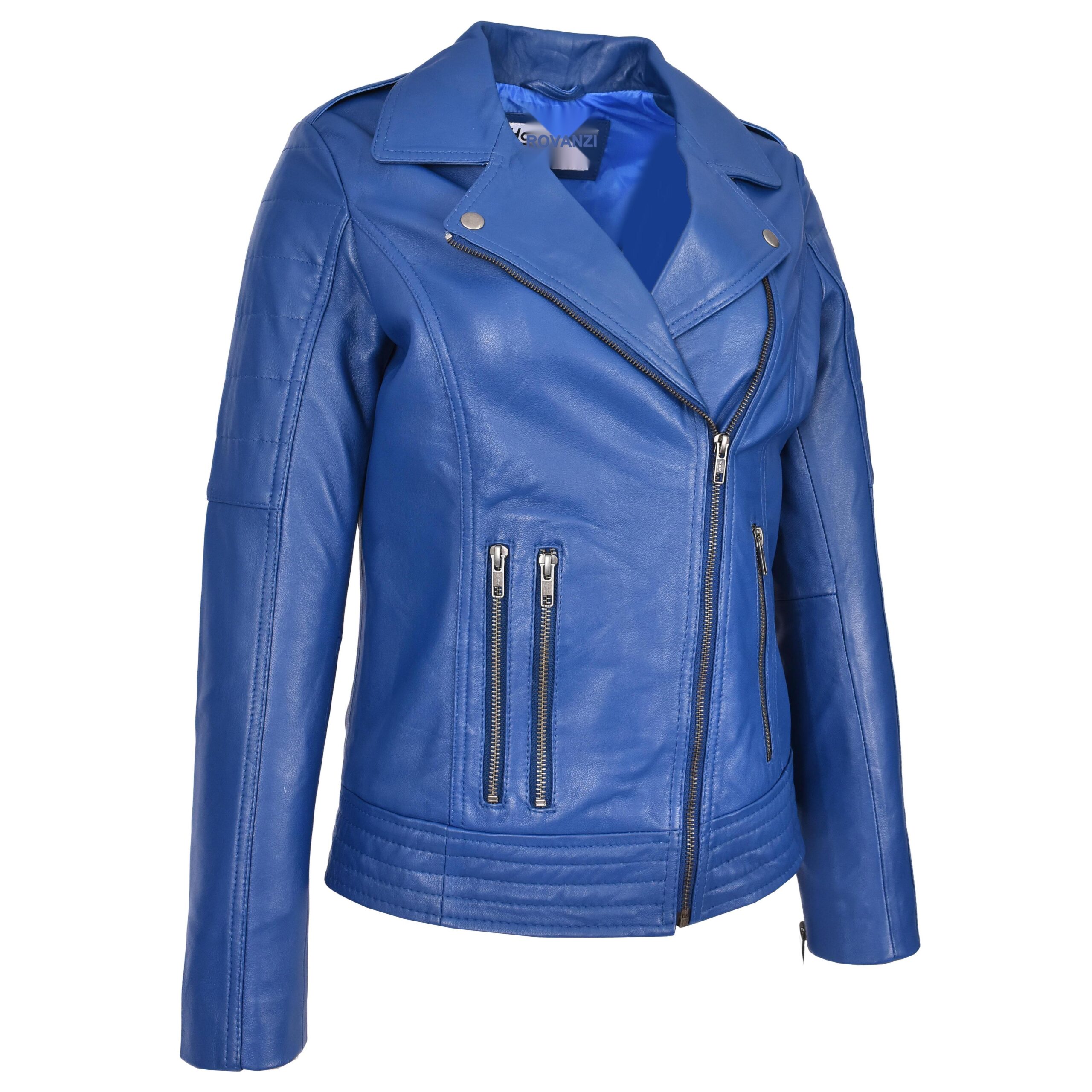 BUNERI Chaqueta Biker de Cuero Real para Mujer Estilo Cross Zip Azul - Imagen 4
