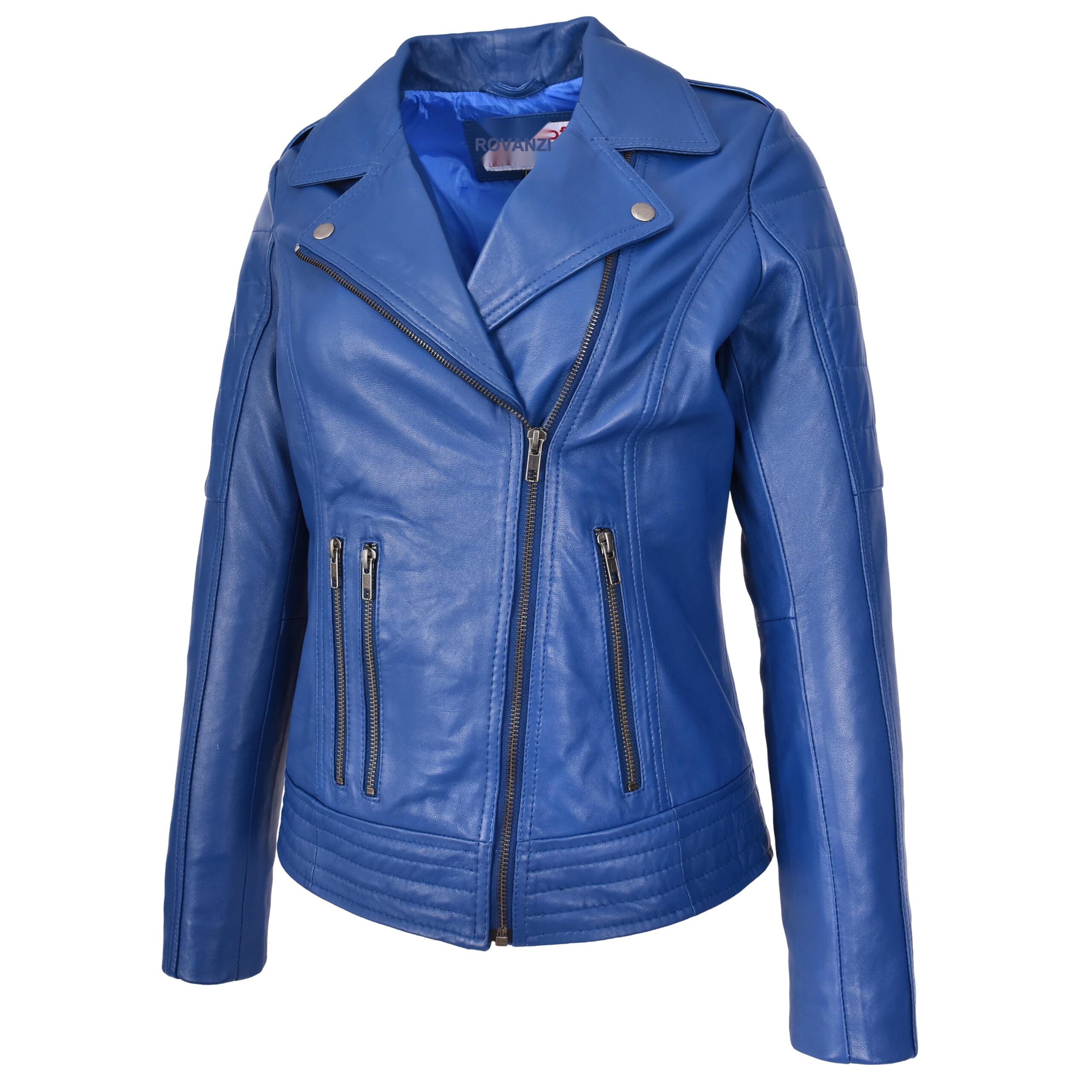 BUNERI Chaqueta Biker de Cuero Real para Mujer Estilo Cross Zip Azul - Imagen 5