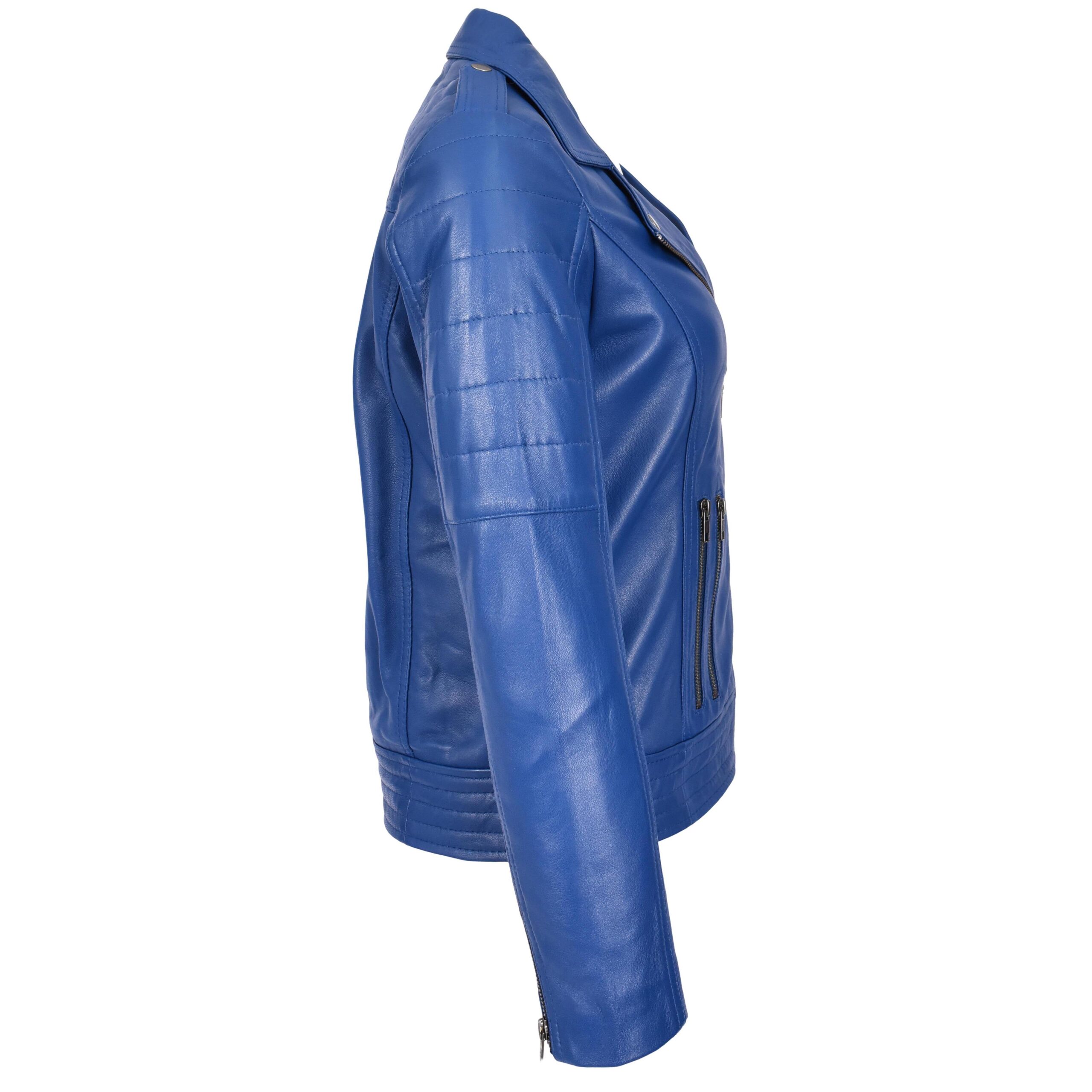 BUNERI Chaqueta Biker de Cuero Real para Mujer Estilo Cross Zip Azul - Imagen 6