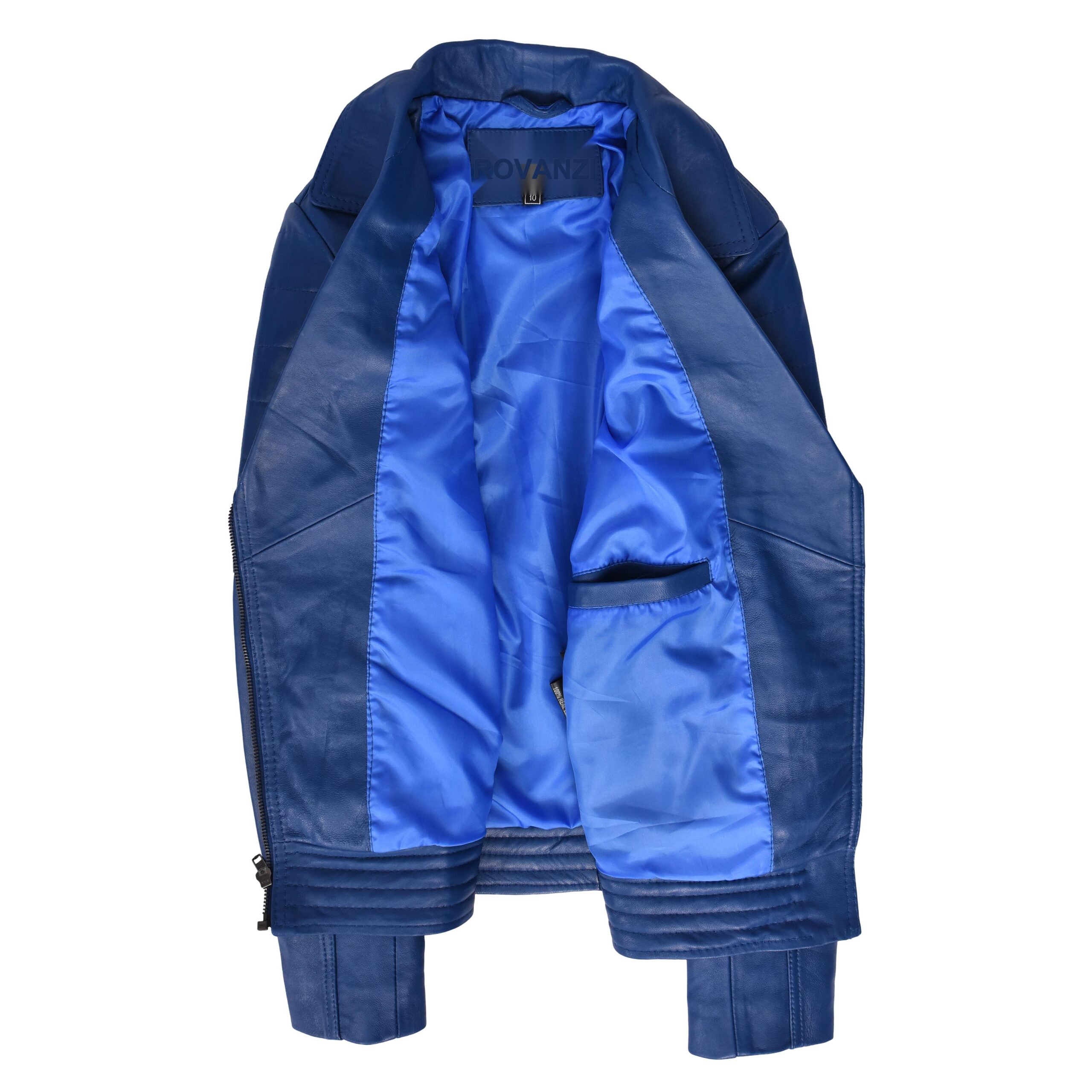 BUNERI Chaqueta Biker de Cuero Real para Mujer Estilo Cross Zip Azul - Imagen 7