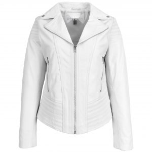 BUNERI Chaqueta Biker de Cuero Real Tendencia Ceida Casual para Mujer Blanco