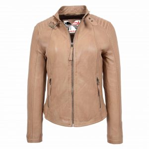 BUNERI Chaqueta Mujer Cuero Real Biker Clasica Beige