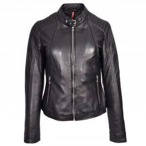 BUNERI Chaqueta Mujer Cuero Real Biker Clasica Negra