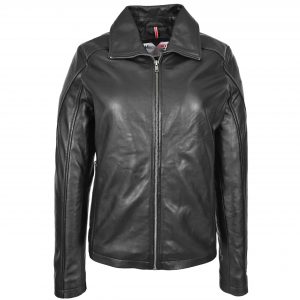 BUNERI Chaqueta Mujer Cuero Real Clasica Estilo Zip Box Negro