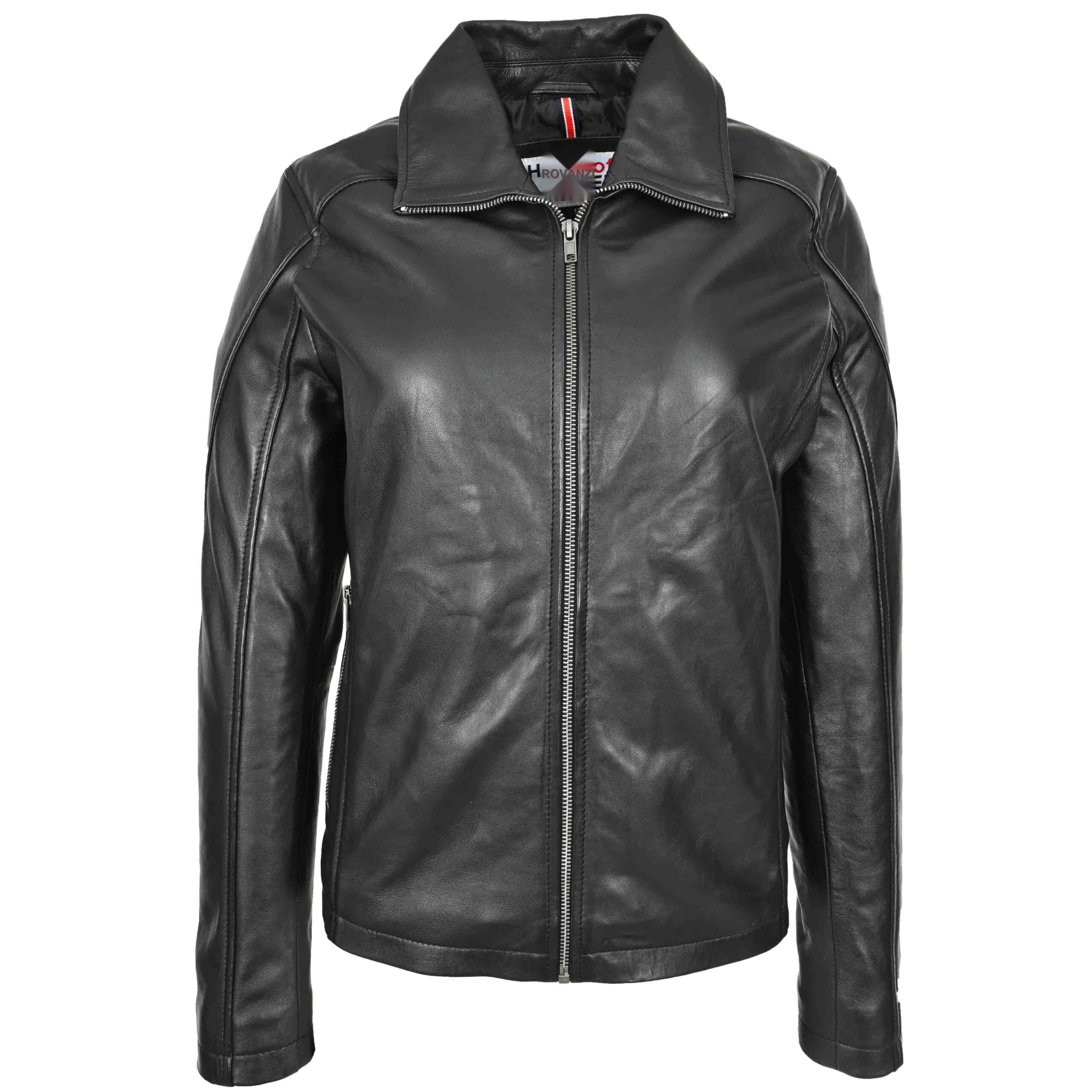 BUNERI Chaqueta Mujer Cuero Real Clasica Estilo Zip Box Negro