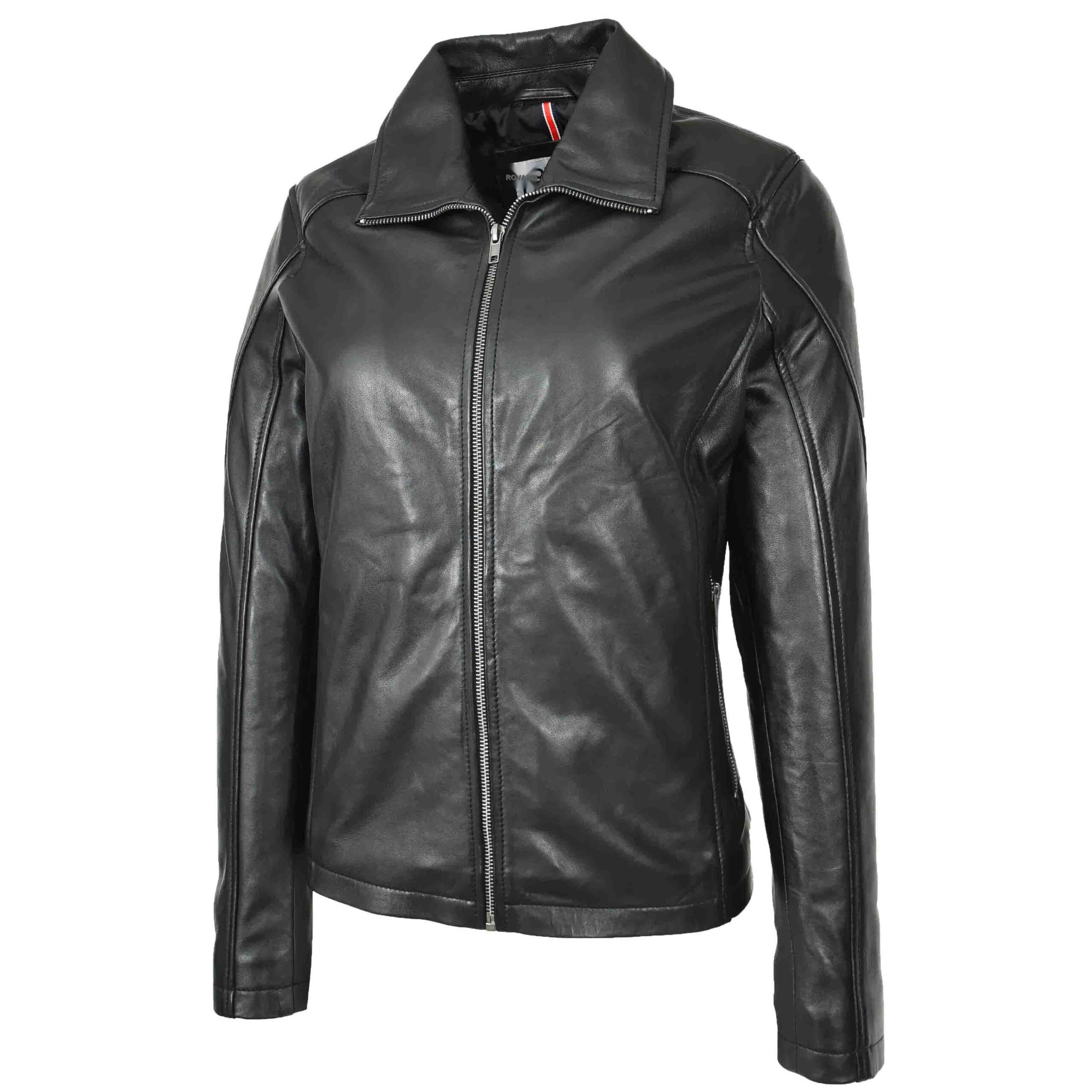 BUNERI Chaqueta Mujer Cuero Real Clasica Estilo Zip Box Negro - Imagen 4