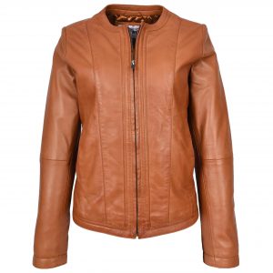 BUNERI Chaqueta de Cuero Tan para Mujer Slim Fit sin Cuello