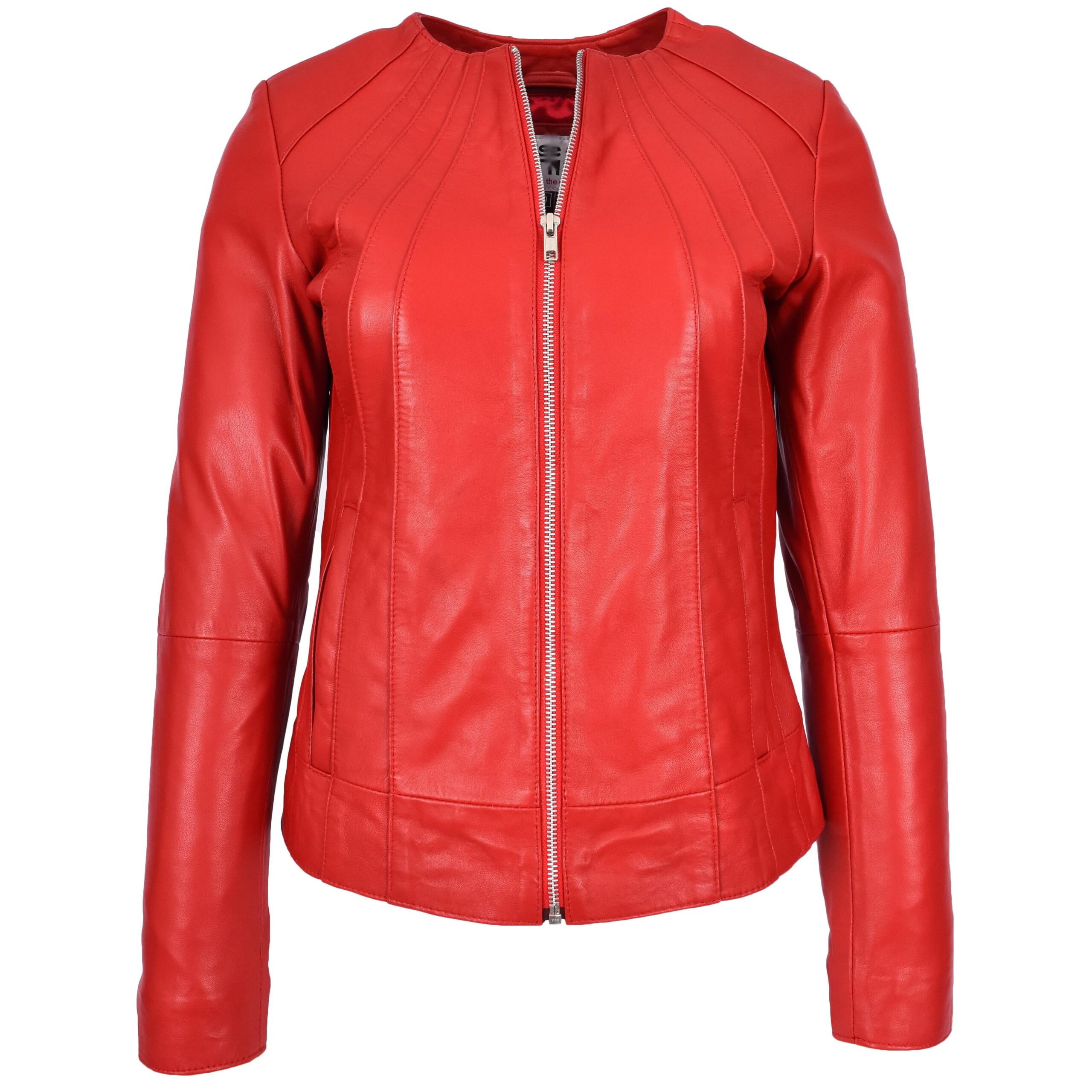 BUNERI Chaqueta de Cuero Real Rojo Sin Cuello Clásica para Mujer