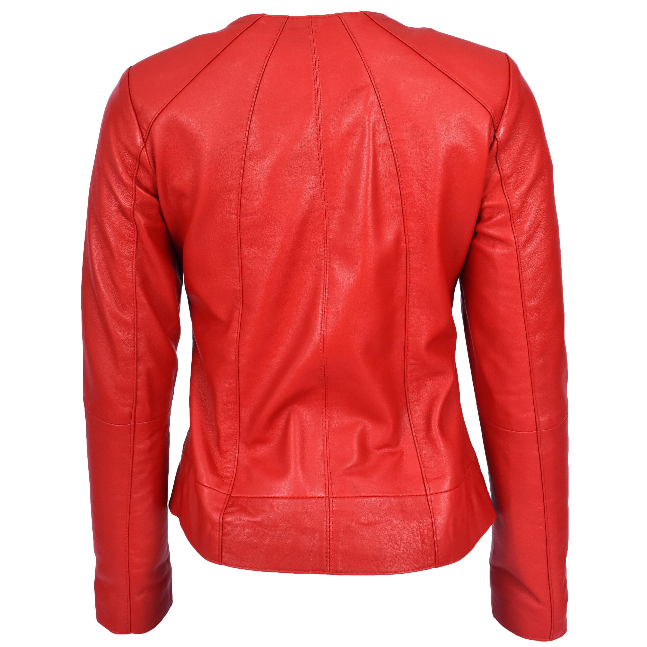 BUNERI Chaqueta de Cuero Real Rojo Sin Cuello Clásica para Mujer - Imagen 2