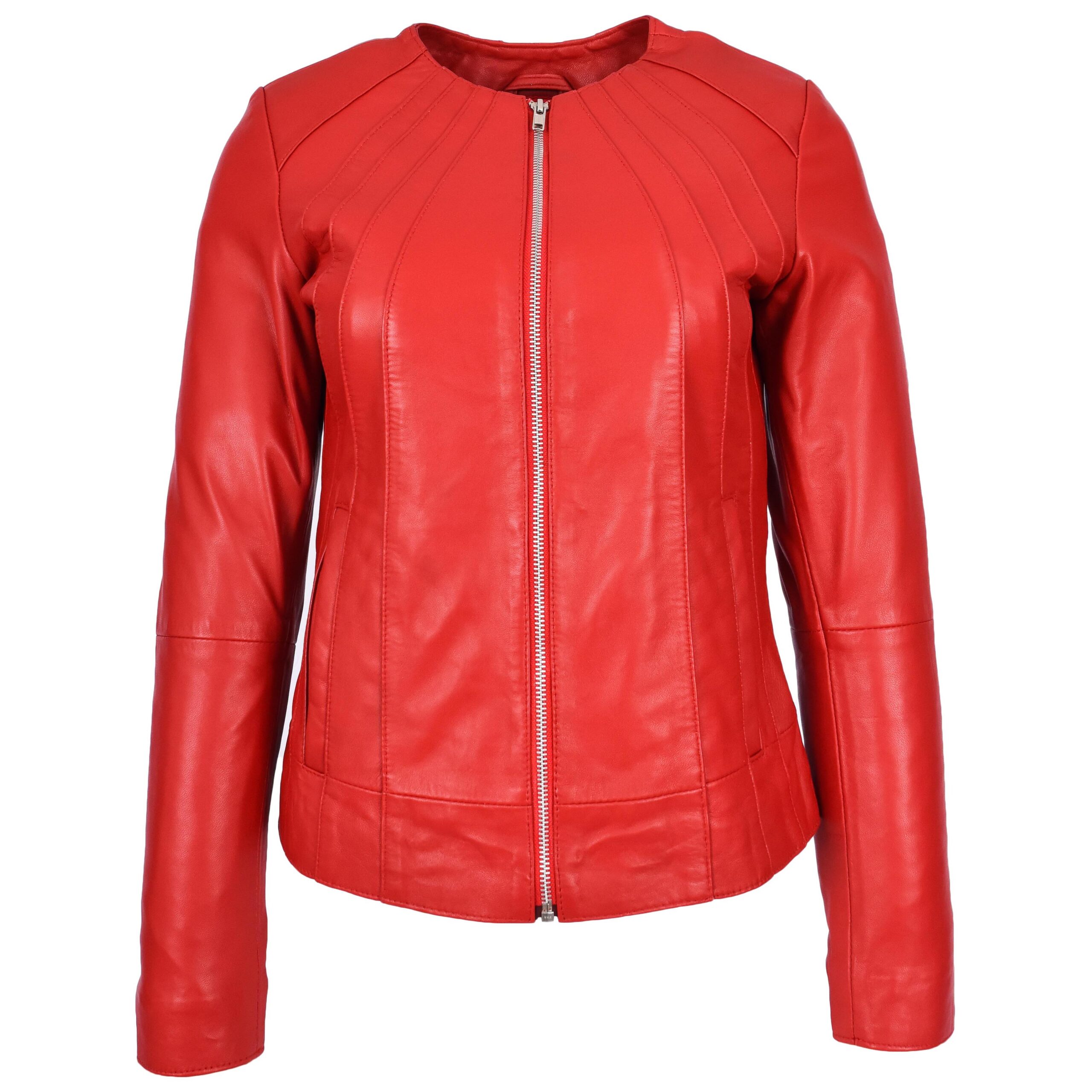 BUNERI Chaqueta de Cuero Real Rojo Sin Cuello Clásica para Mujer - Imagen 3