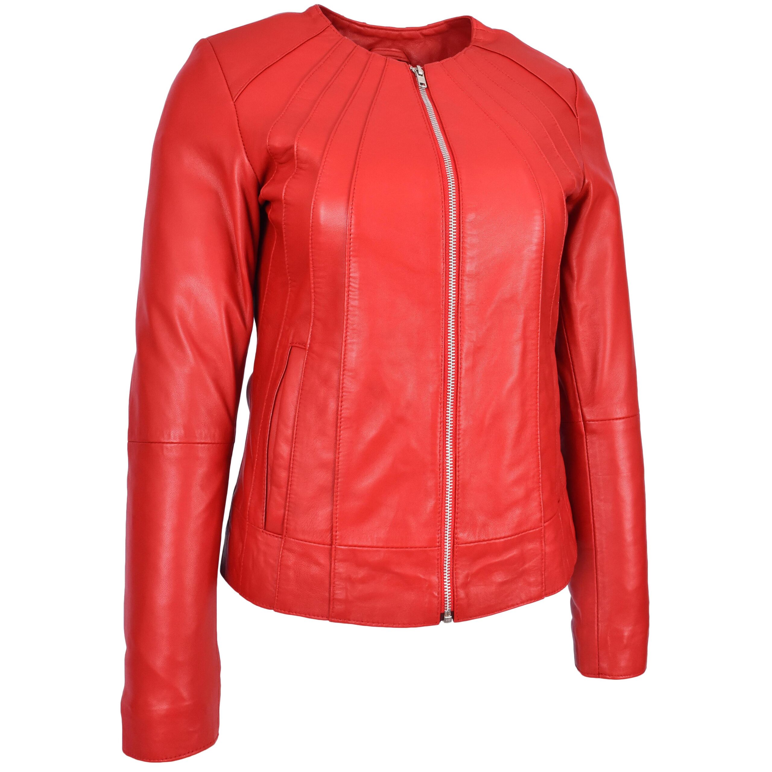 BUNERI Chaqueta de Cuero Real Rojo Sin Cuello Clásica para Mujer - Imagen 4