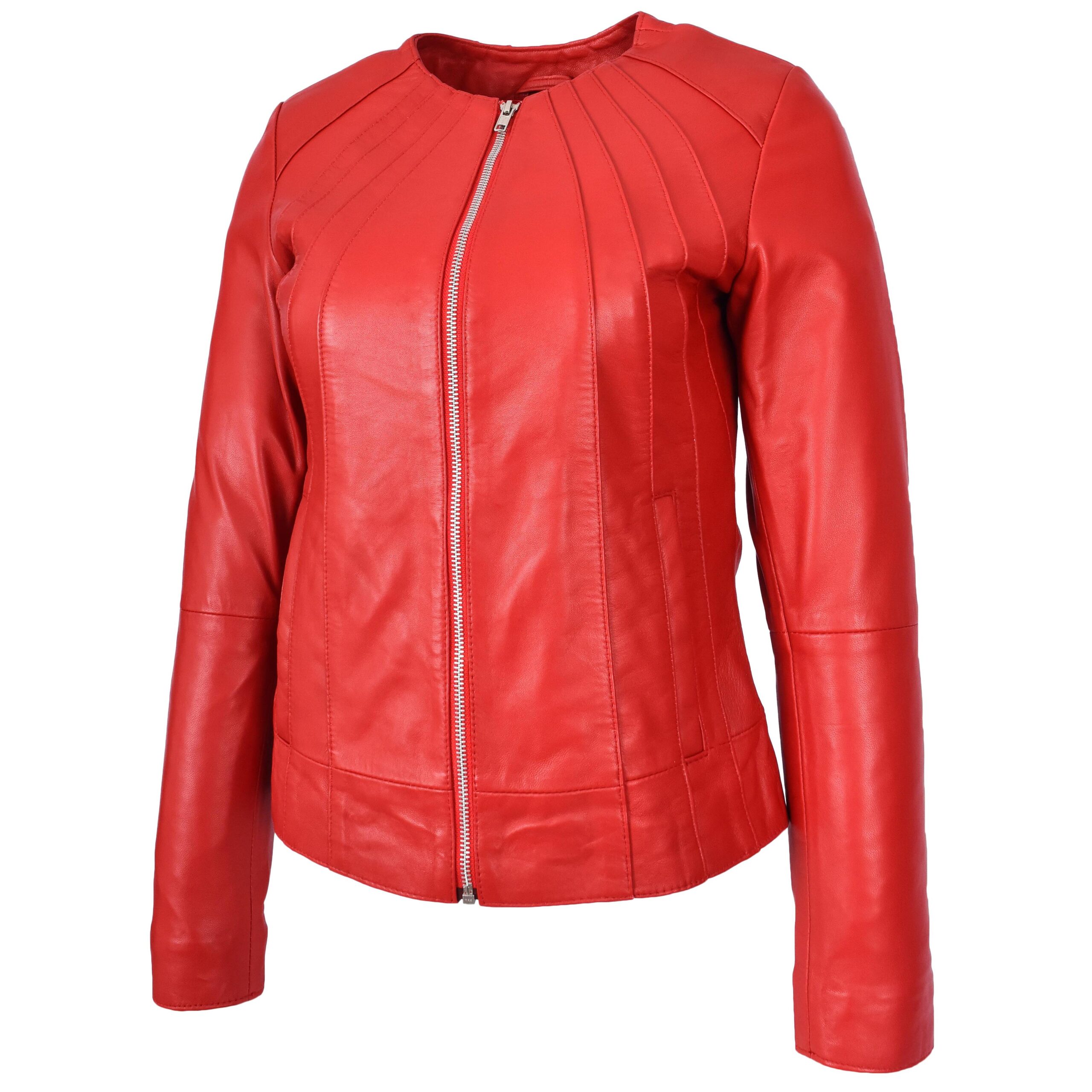 BUNERI Chaqueta de Cuero Real Rojo Sin Cuello Clásica para Mujer - Imagen 5