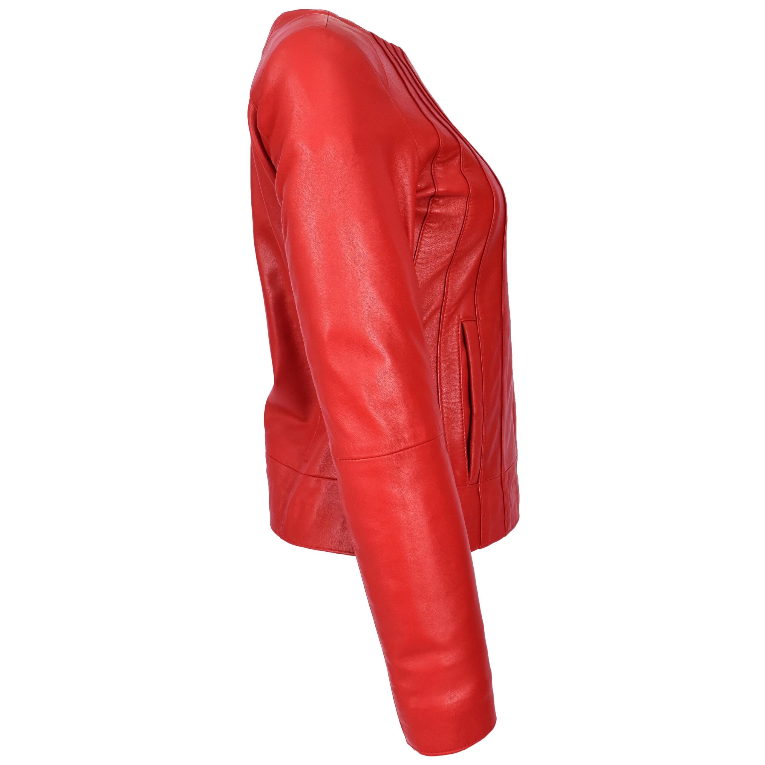 BUNERI Chaqueta de Cuero Real Rojo Sin Cuello Clásica para Mujer - Imagen 6