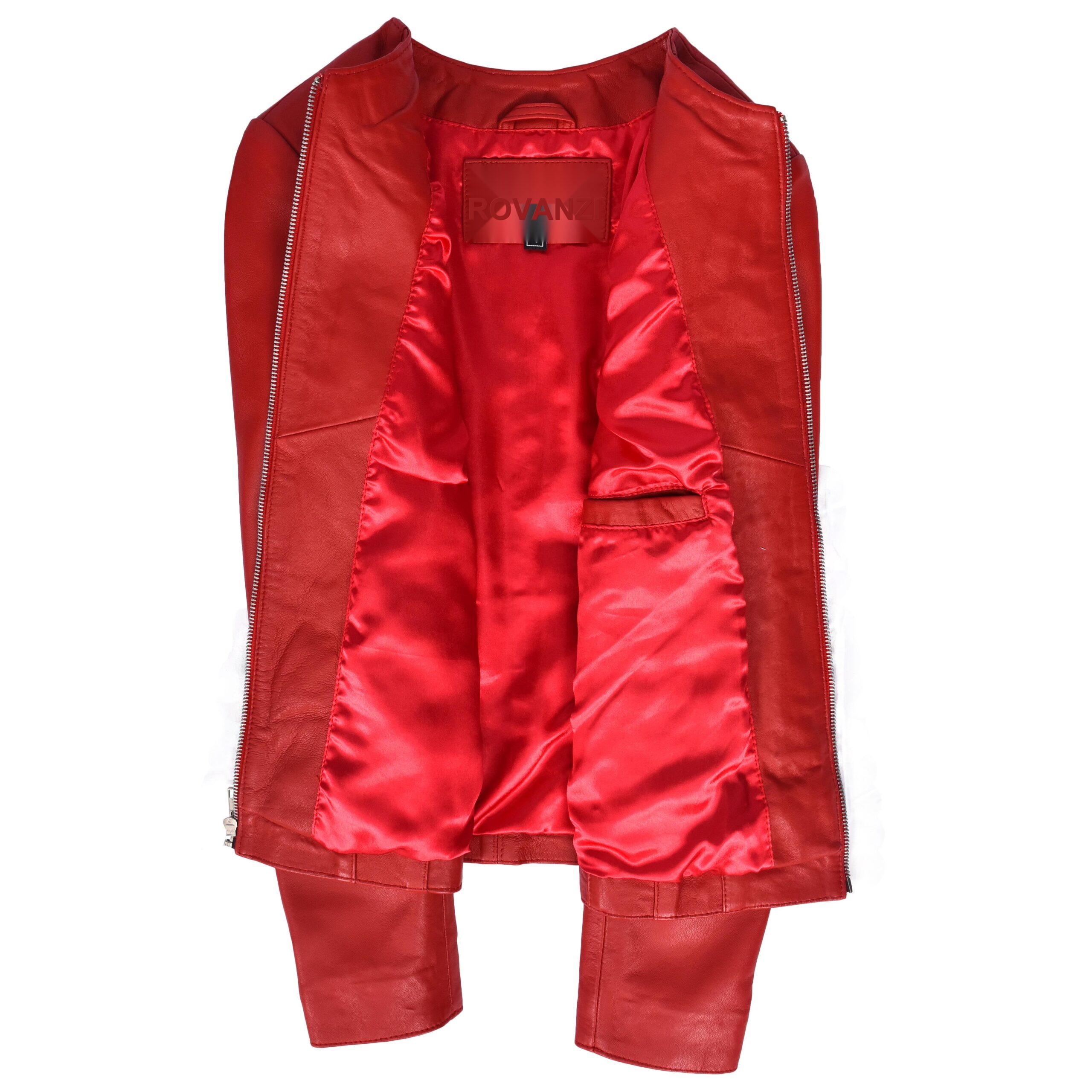 BUNERI Chaqueta de Cuero Real Rojo Sin Cuello Clásica para Mujer - Imagen 7