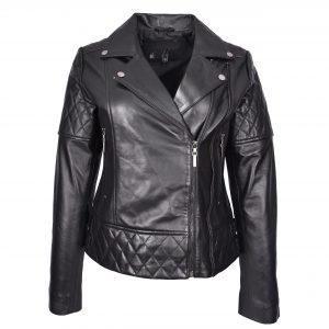 BUNERI Chaqueta Mujer Cuero Real Multi Zip Cruzado Biker Ajustada Acolchada Negra