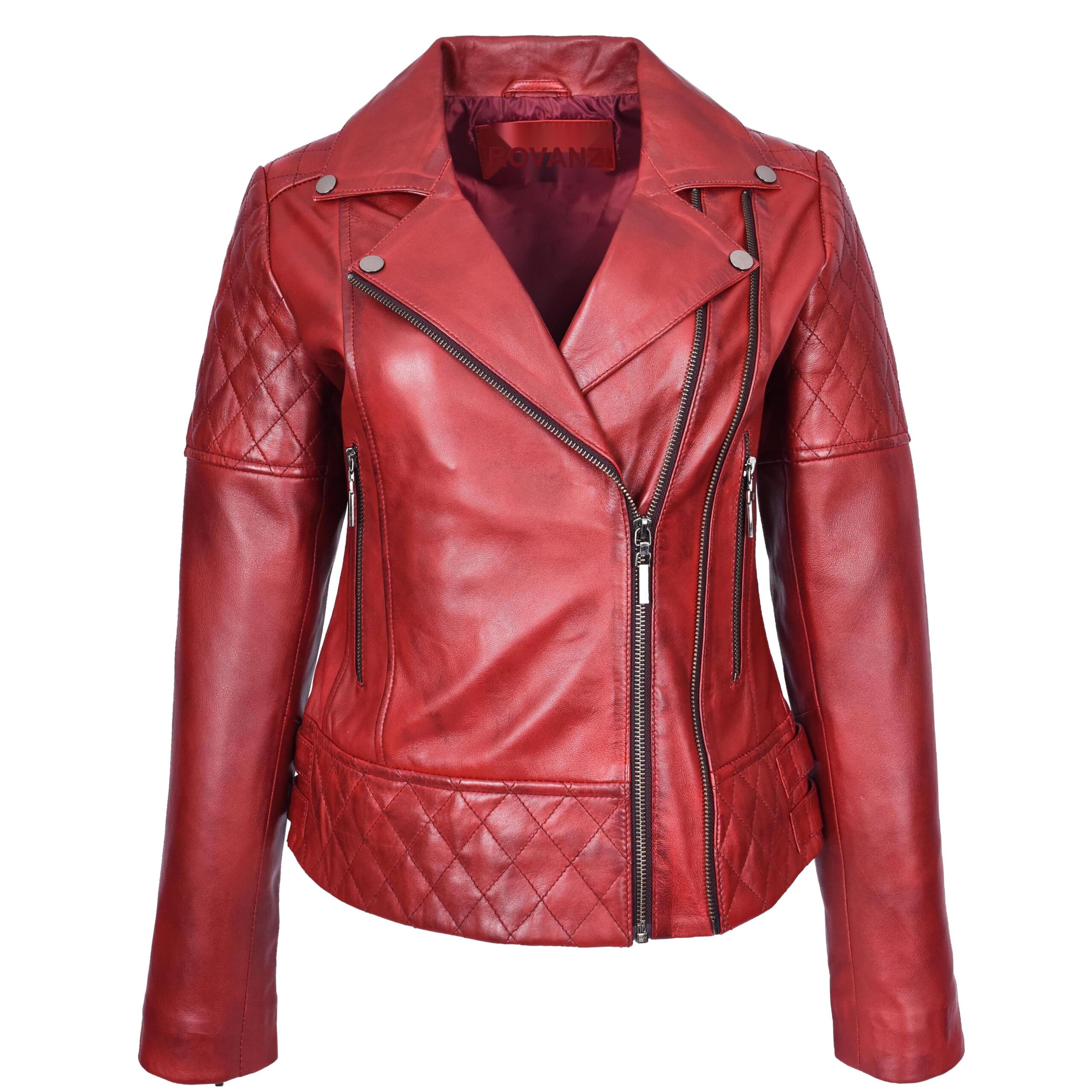BUNERI Chaqueta Biker de Cuero Acolchado Rojo Bruñido para Mujer