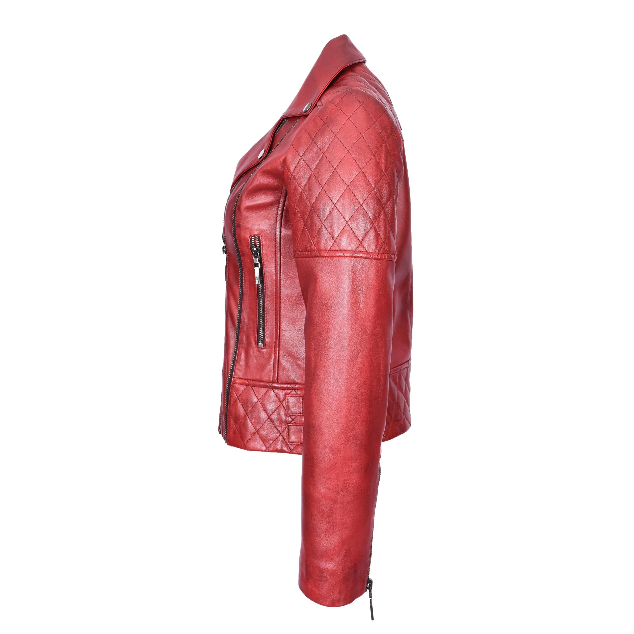 BUNERI Chaqueta Biker de Cuero Acolchado Rojo Bruñido para Mujer - Imagen 3
