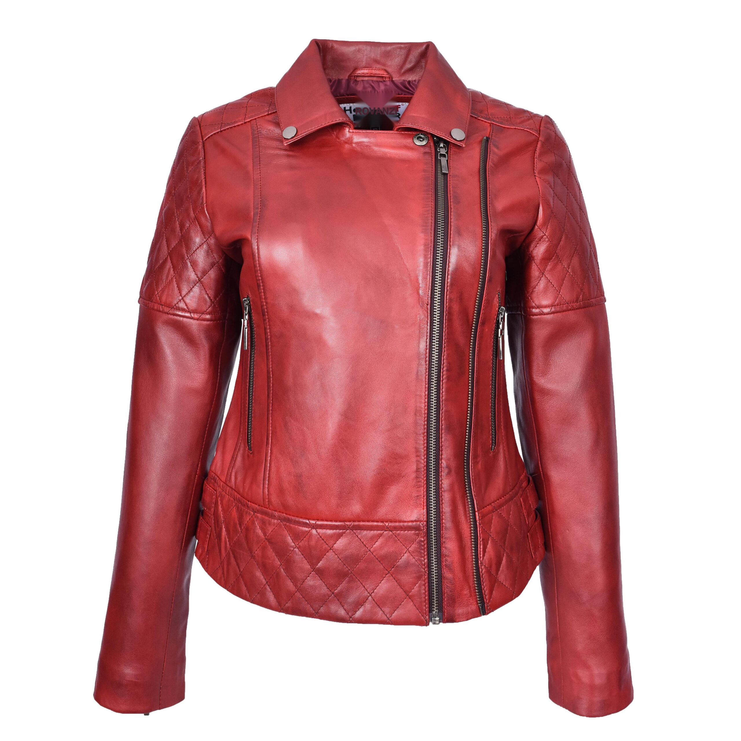BUNERI Chaqueta Biker de Cuero Acolchado Rojo Bruñido para Mujer - Imagen 5