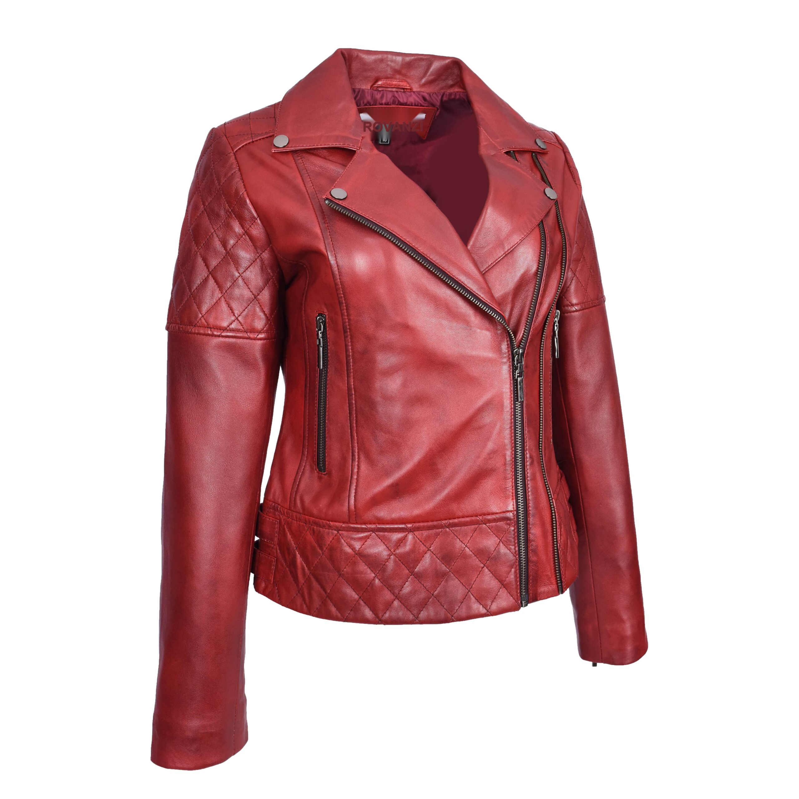 BUNERI Chaqueta Biker de Cuero Acolchado Rojo Bruñido para Mujer - Imagen 4