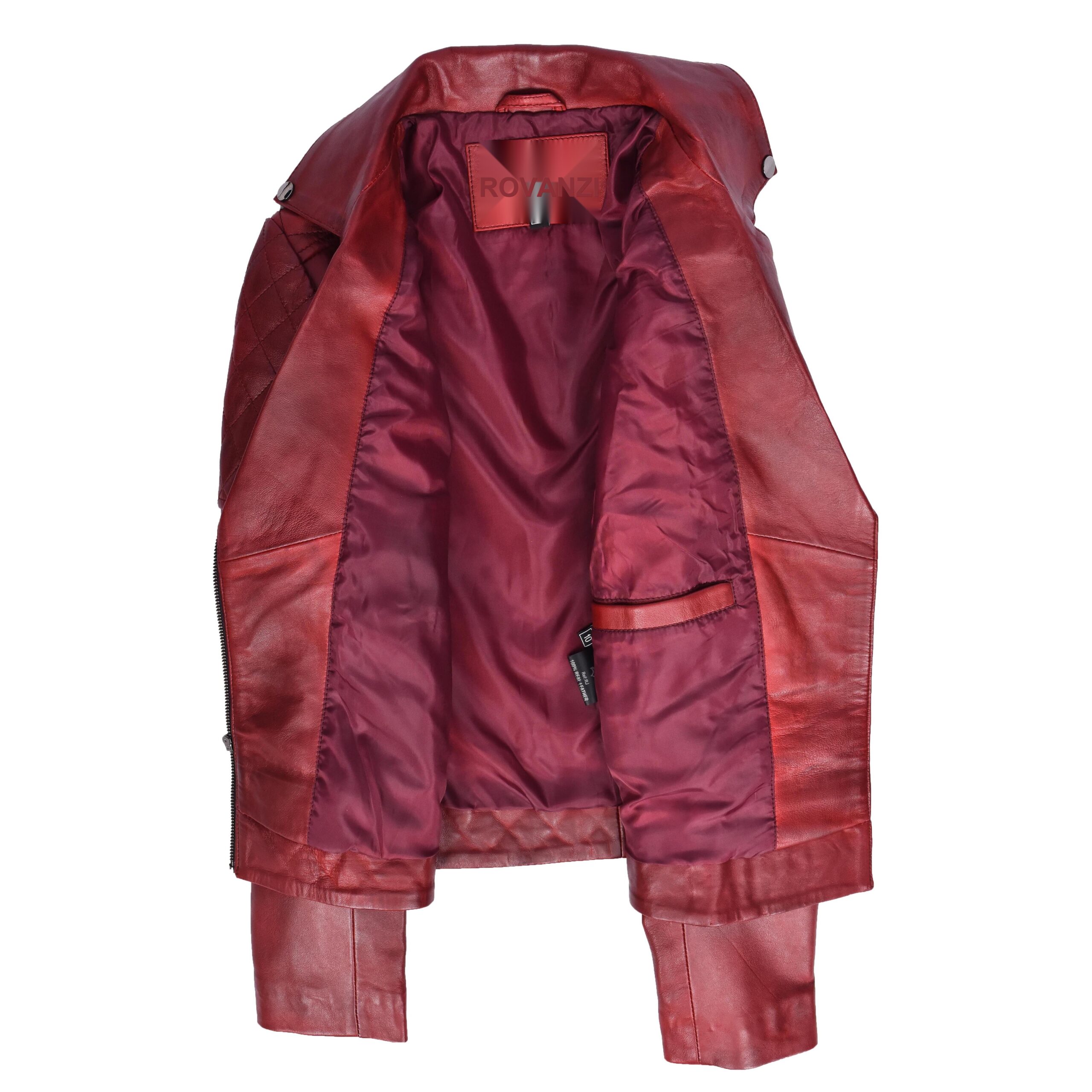 BUNERI Chaqueta Biker de Cuero Acolchado Rojo Bruñido para Mujer - Imagen 6