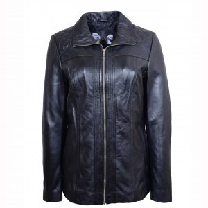 BUNERI Chaqueta de Cuero Real Acolchada con Cremallera para Mujer Negro
