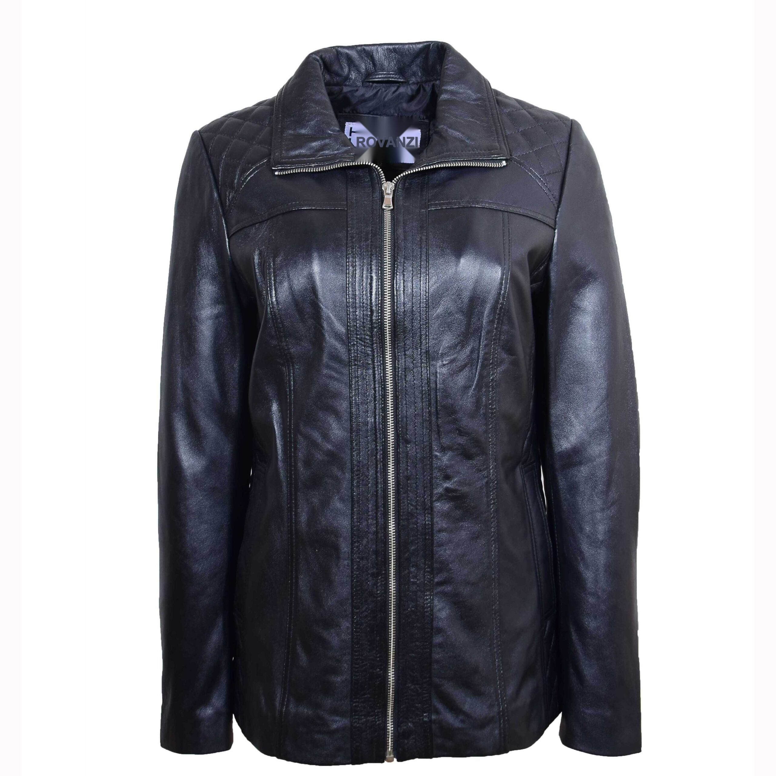 BUNERI Chaqueta de Cuero Real Acolchada con Cremallera para Mujer Negro