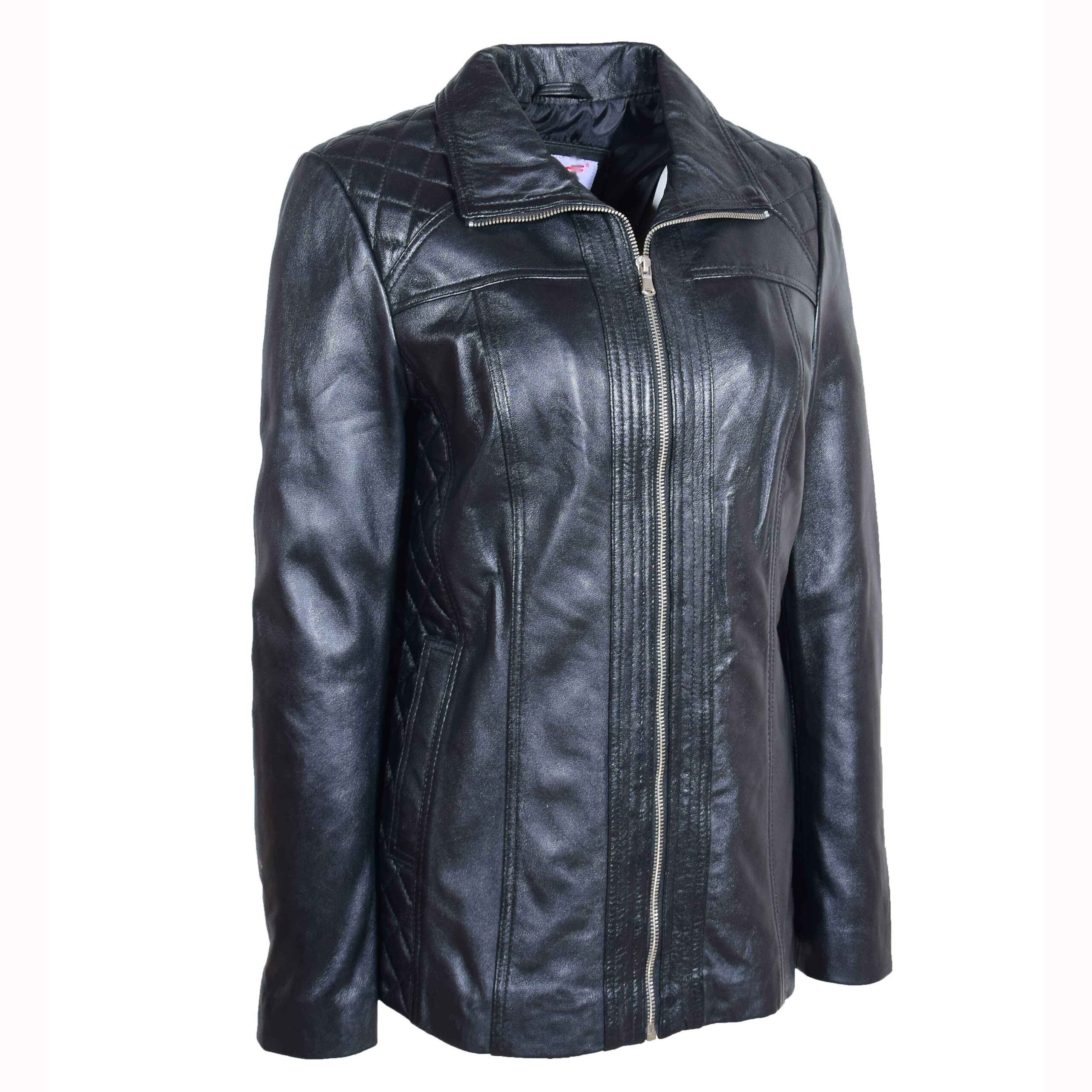 BUNERI Chaqueta de Cuero Real Acolchada con Cremallera para Mujer Negro - Imagen 3