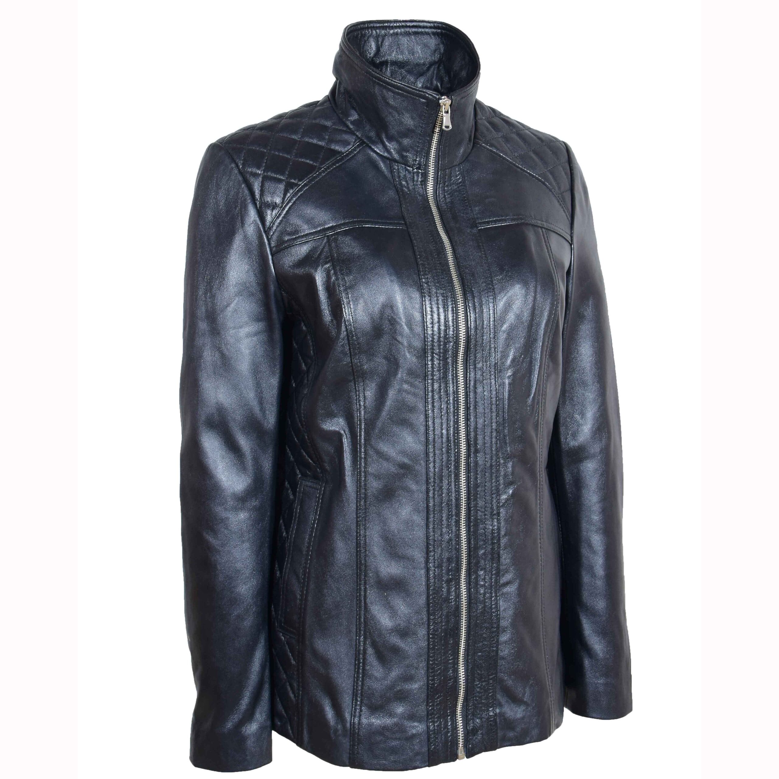 BUNERI Chaqueta de Cuero Real Acolchada con Cremallera para Mujer Negro - Imagen 4