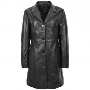 BUNERI F99 Abrigo Mac de Cuero Real Negro de 3/4 Longitud Clásico para Mujer