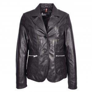 BUNERI Blazer de Cuero Negro para Mujer de Dos Botones