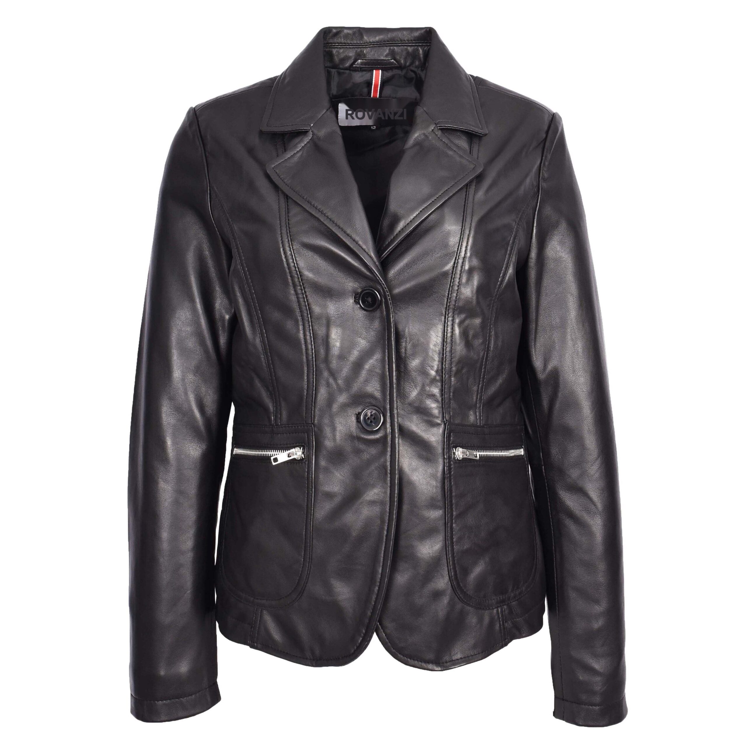 BUNERI Blazer de Cuero Negro para Mujer de Dos Botones